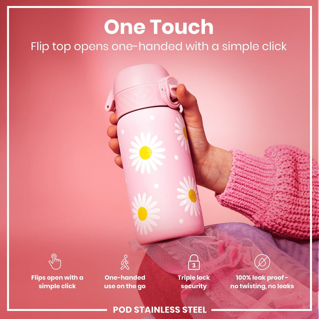 ION8 stainless steel kids water bottle with daisy design, leak-proof 400ml (13oz) water bottle for children