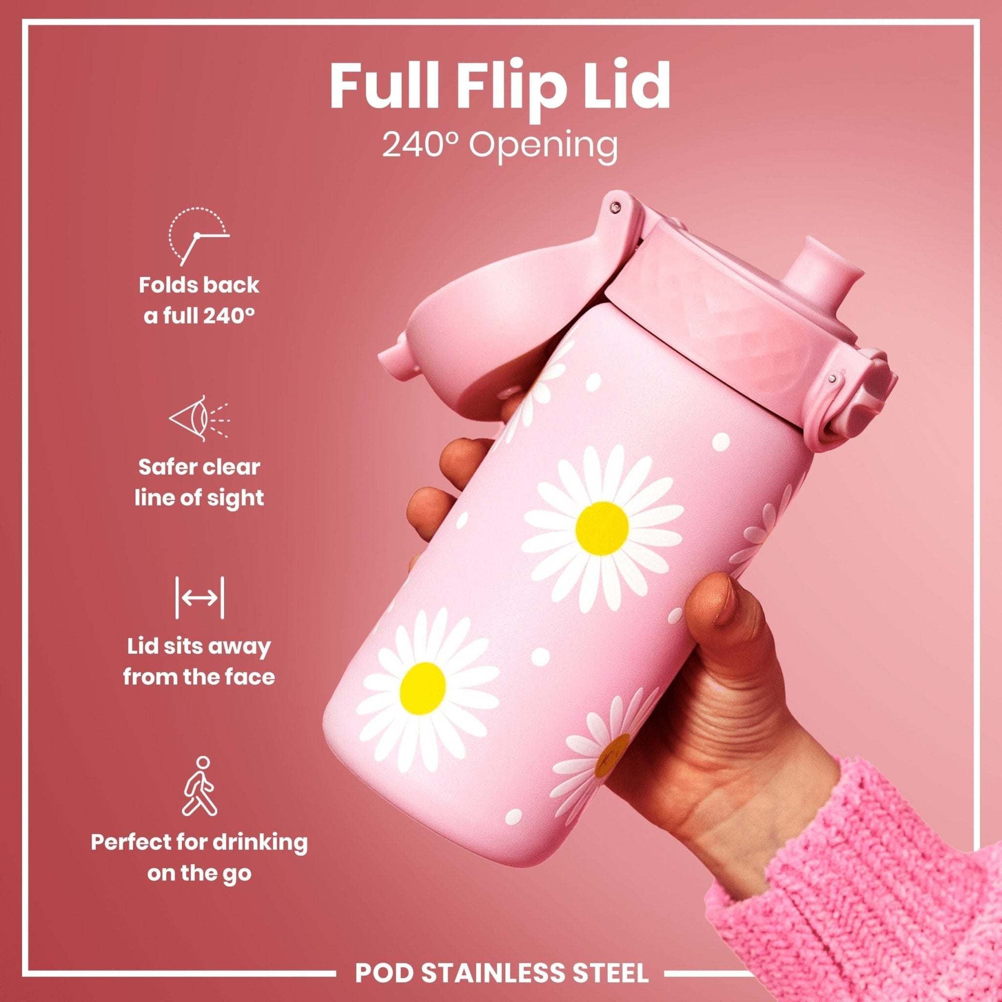 Ion8 leak-proof kids stainless steel water bottle with daisy design, 400ml capacity, durable and safe for children.