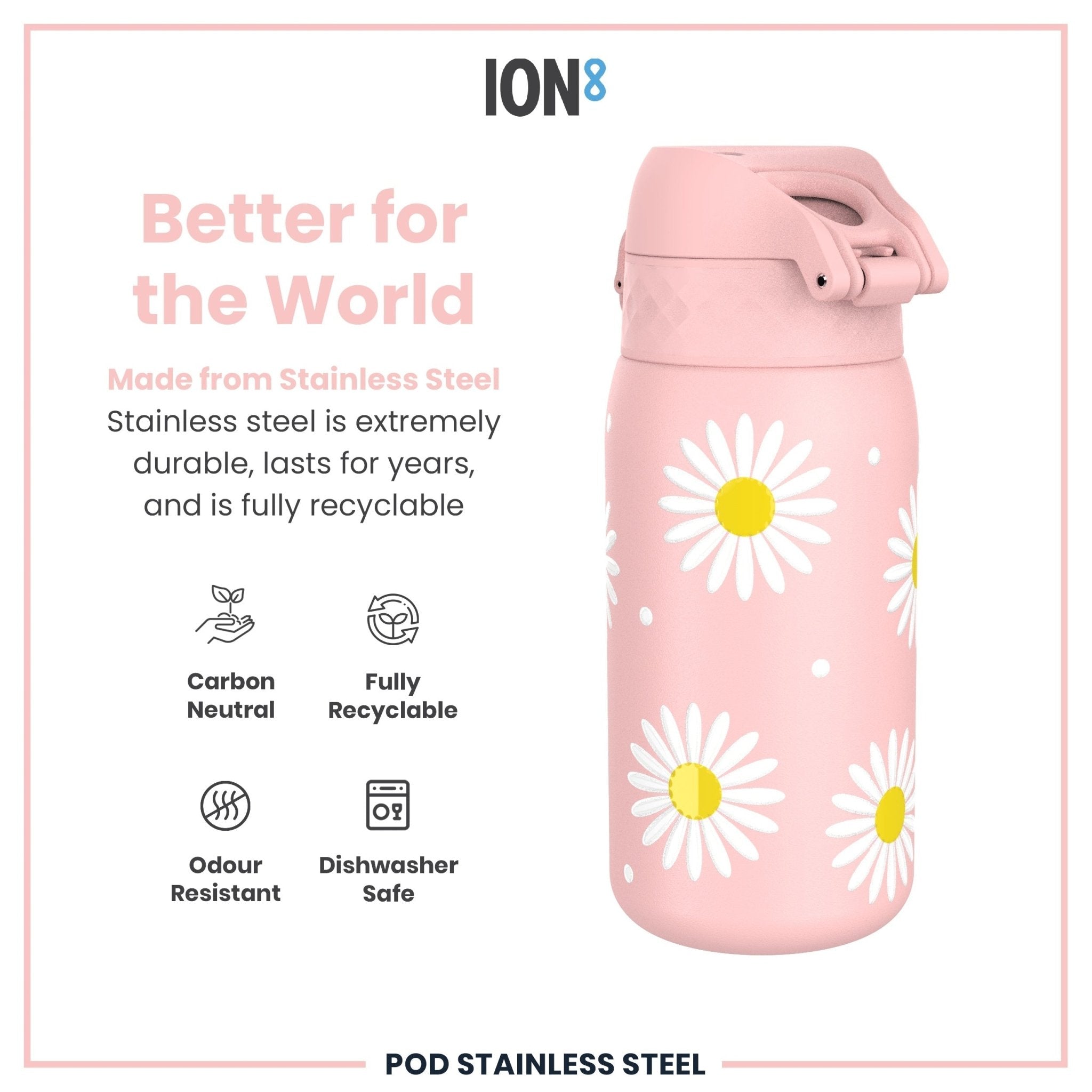 Ion8 leak-proof kids water bottle with stainless steel body and daisy design, 400ml capacity, ideal for children.