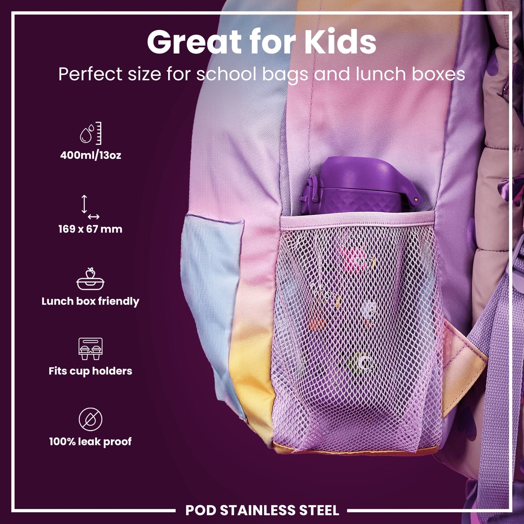 ION8 leak-proof kids water bottle with stainless steel body featuring alien design, 400ml (13oz) capacity.