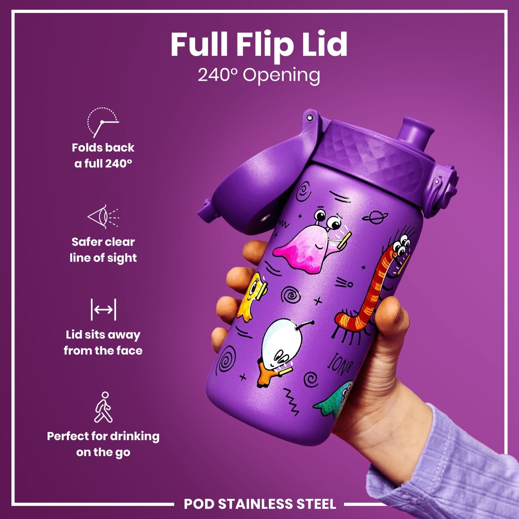 Ion8 leak-proof kids water bottle with stainless steel body and alien design, 400ml capacity, ideal for children.