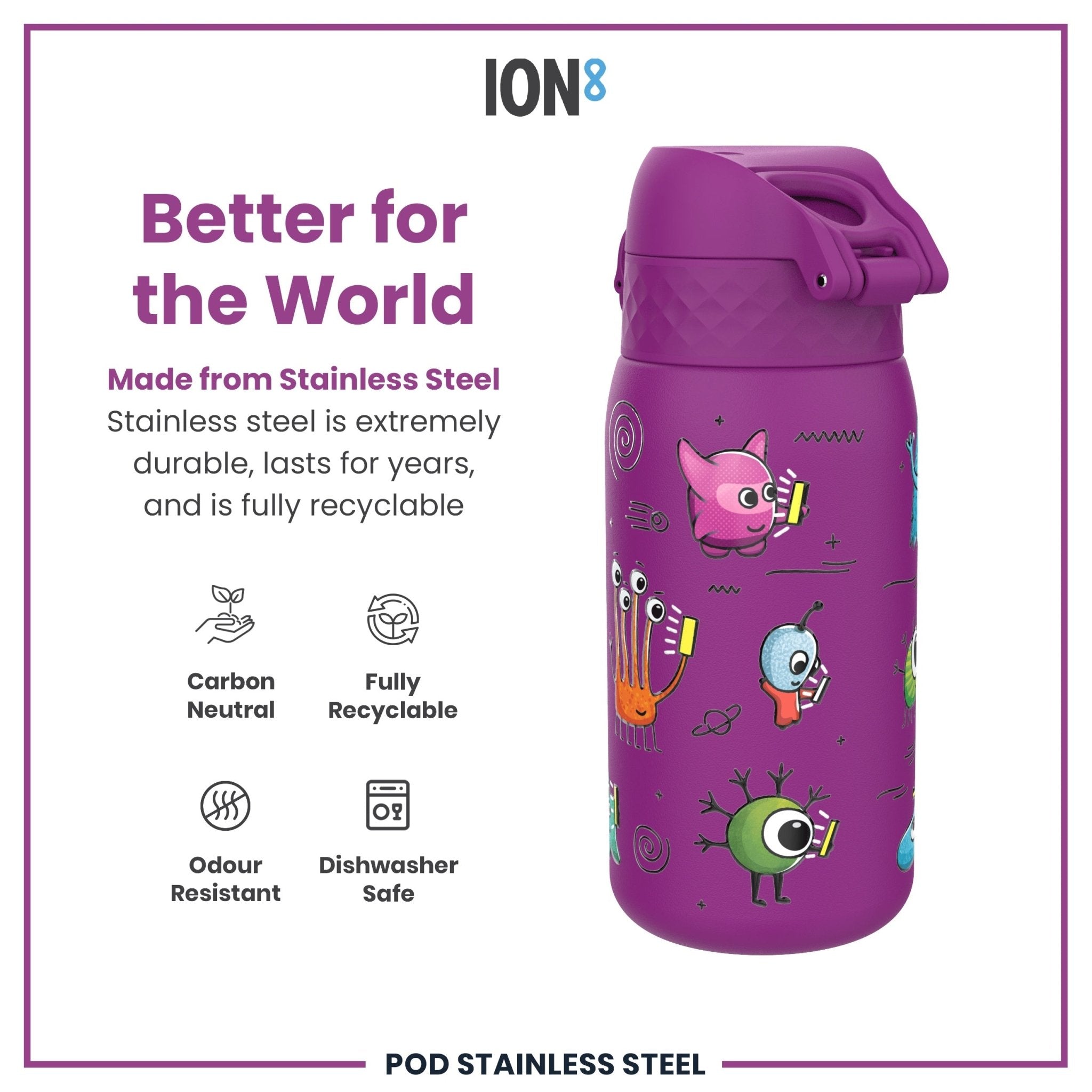 Ion8 stainless steel leak-proof kids water bottle with alien design, 400ml capacity, durable and easy to carry
