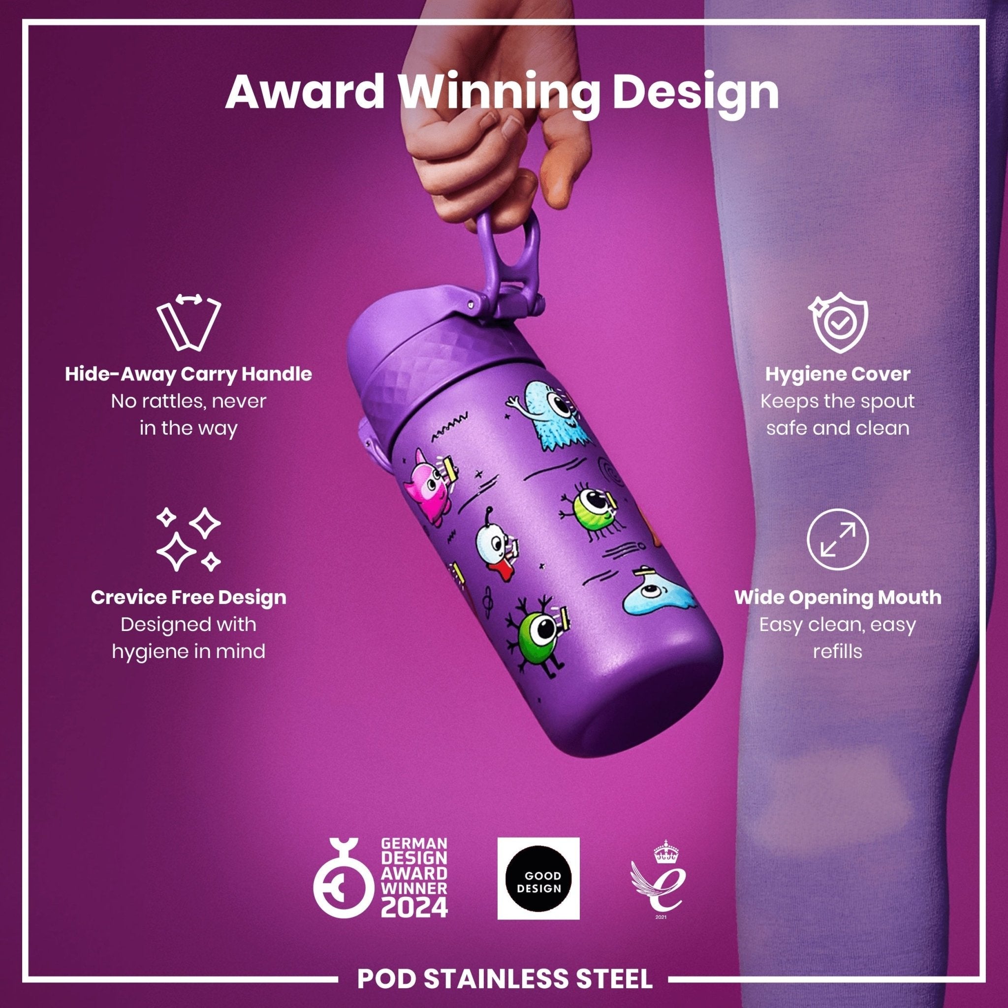 Ion8 leak-proof kids steel water bottle with alien design, 400ml stainless steel water bottle for children