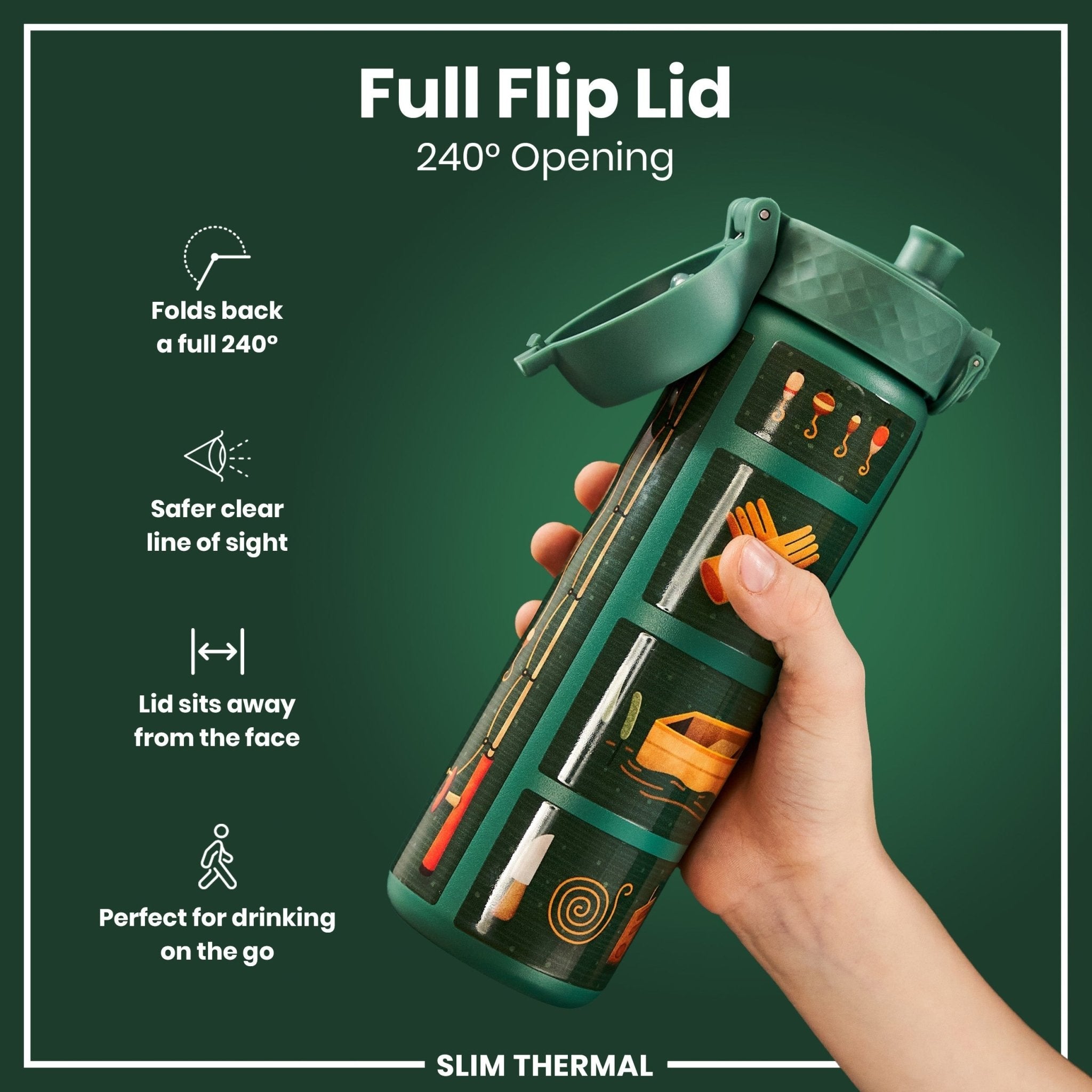 ION8 leak-proof slim thermal steel water bottle, insulated 500ml (17oz) for fishing, with a sleek design and secure lid.