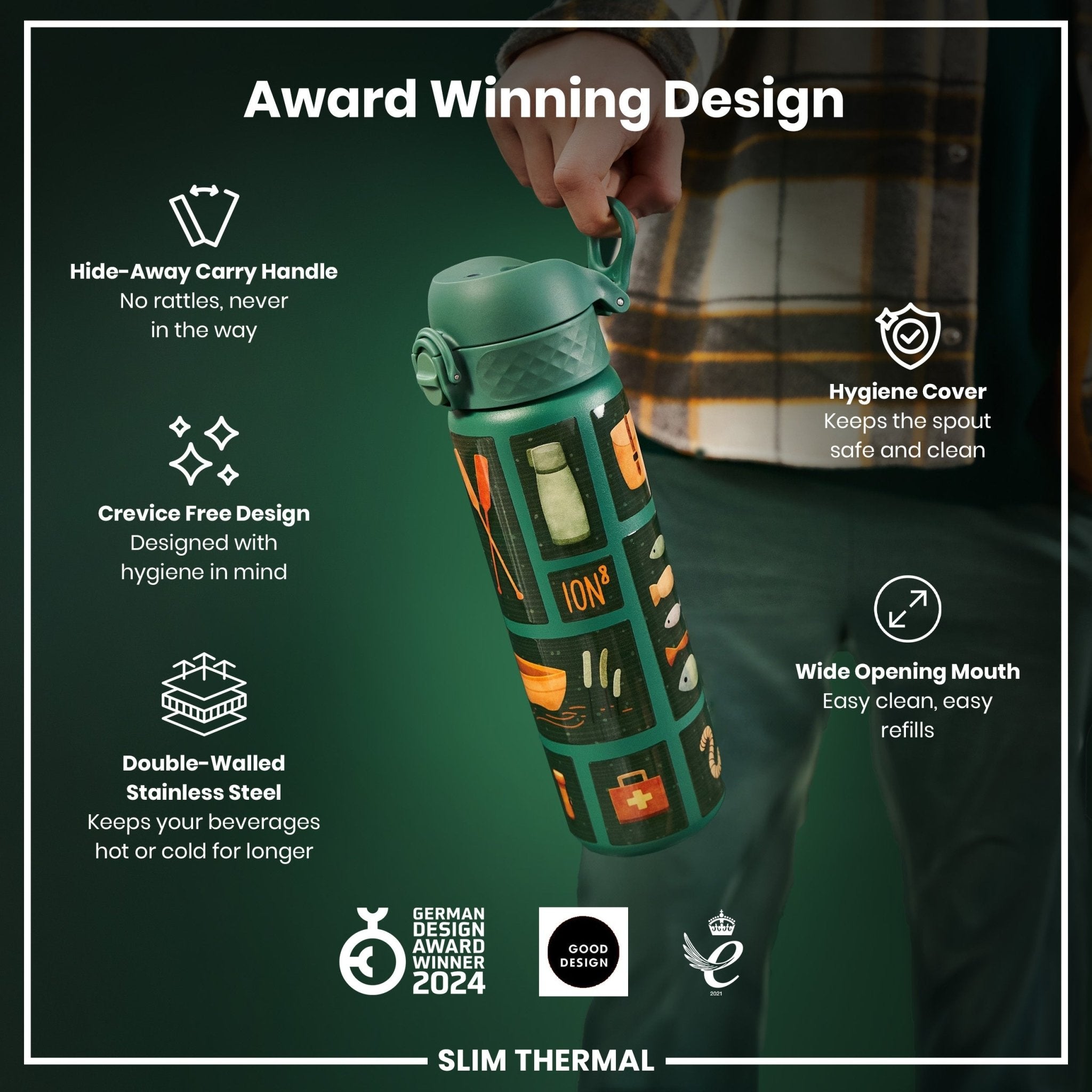ION8 leak-proof slim thermal water bottle, 500ml insulated steel design, ideal for fishing or outdoor use, with a sleek black finish.