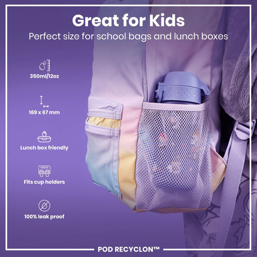 Recyclon leak-proof kids water bottle with fairy design from ION8, 350ml (12oz), featuring a child-friendly, reusable water container.