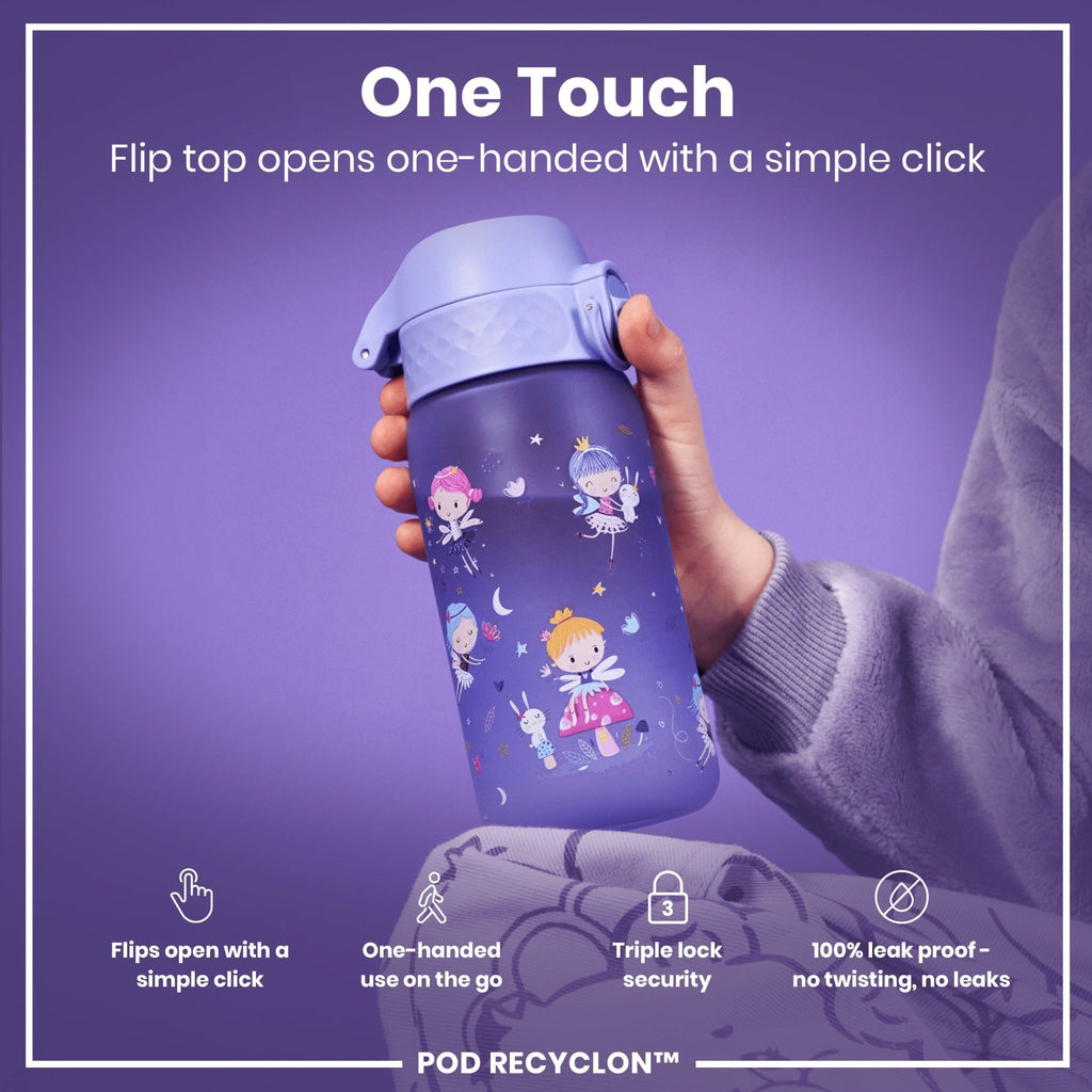 Recyclon leak-proof kids water bottle with fairy design by ION8, 350ml (12oz) reusable plastic water bottle for children.