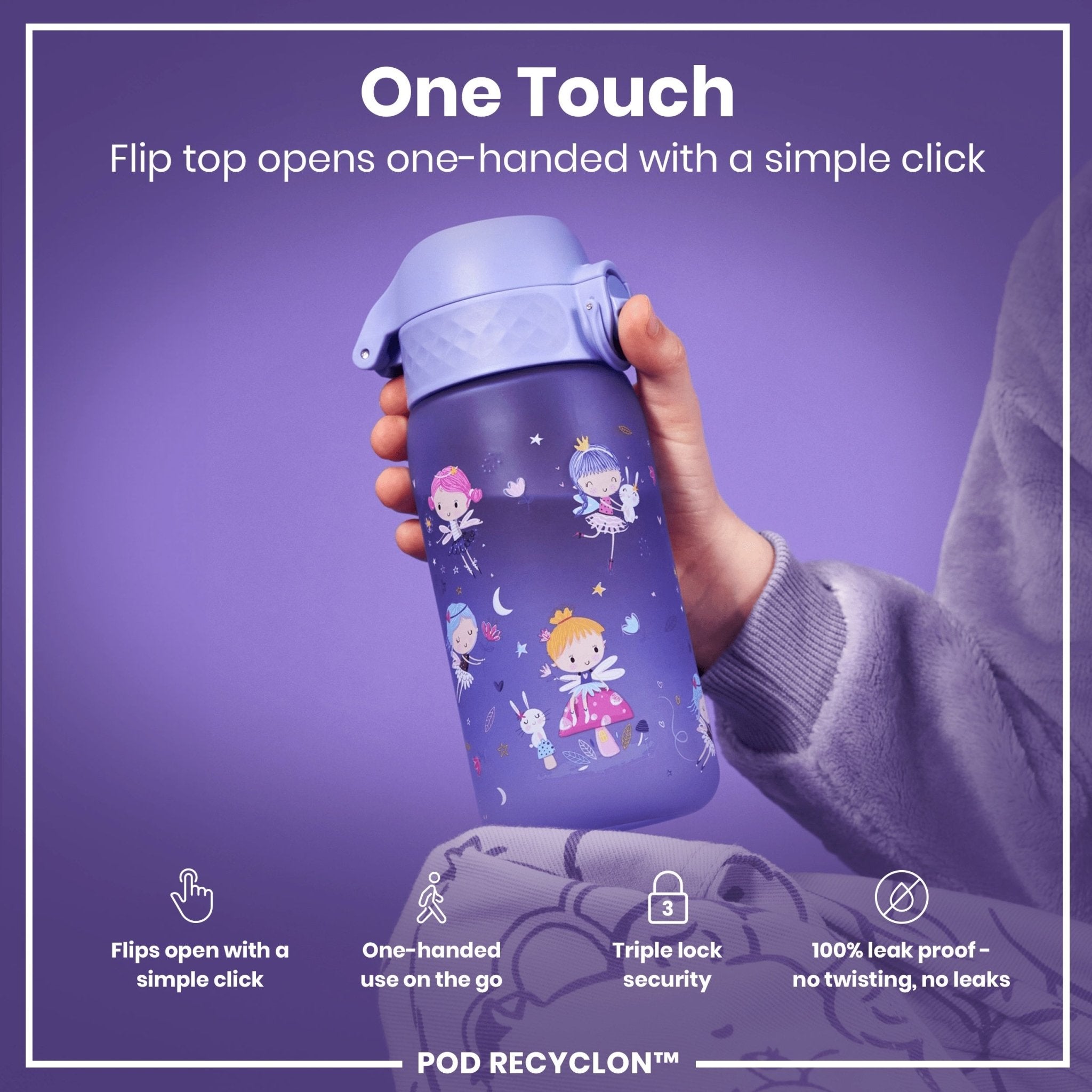 Recyclon leak-proof kids water bottle with fairy design by ION8, 350ml (12oz) reusable plastic water bottle for children.