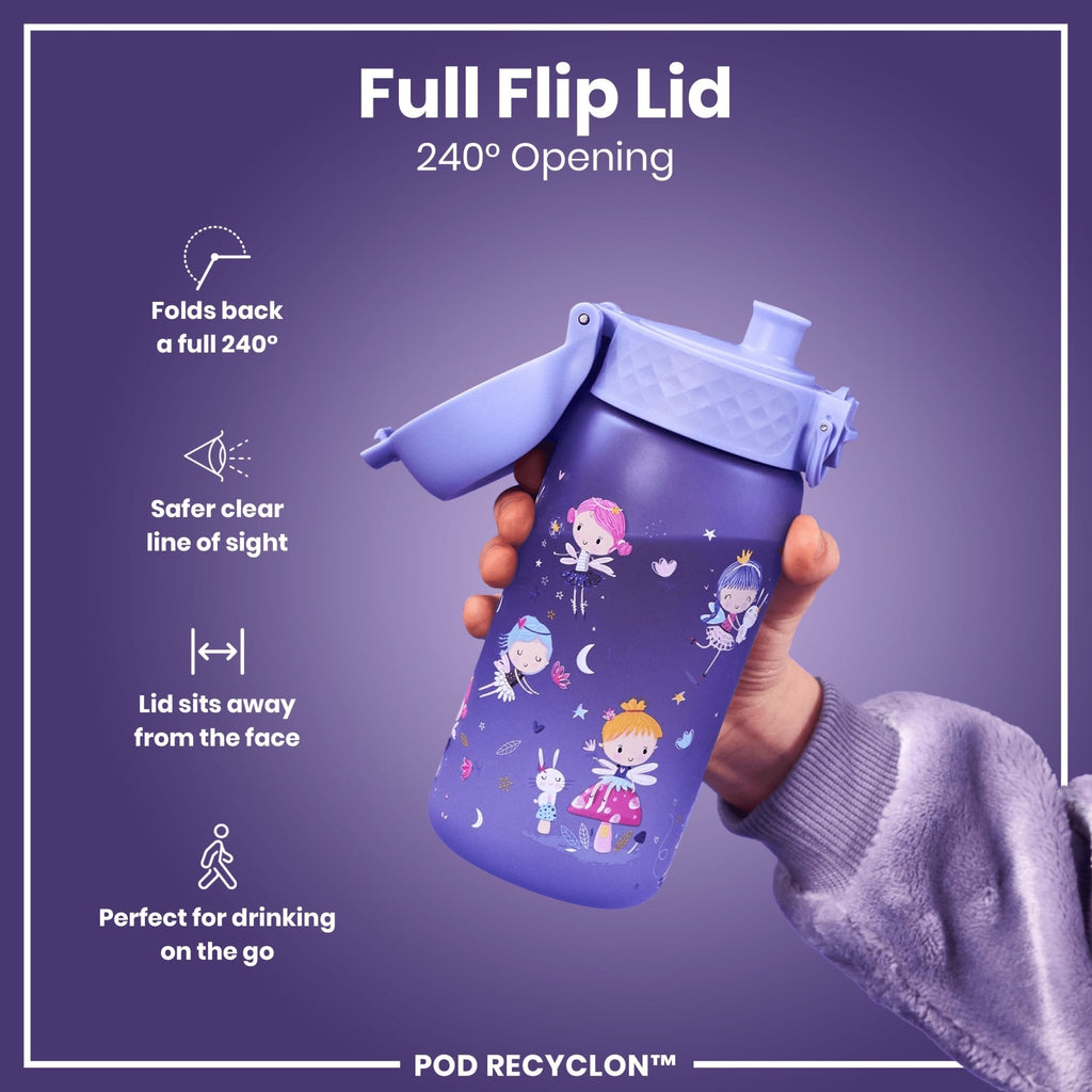 Ion8 Recyclon leak-proof kids water bottle with fairy design, 350ml (12oz), made for children, durable and reusable.