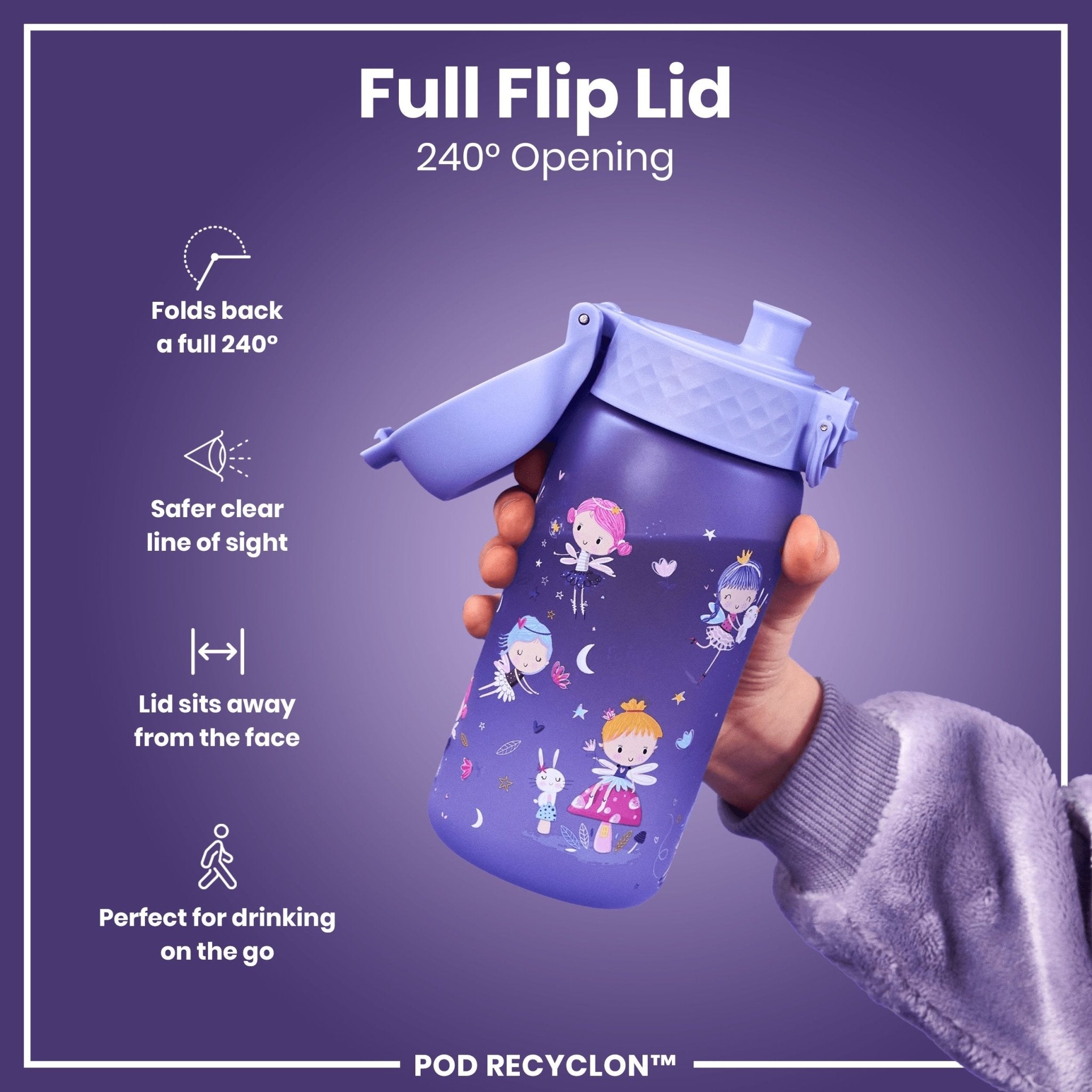 Ion8 Recyclon leak-proof kids water bottle with fairy design, 350ml (12oz), made for children, durable and reusable.