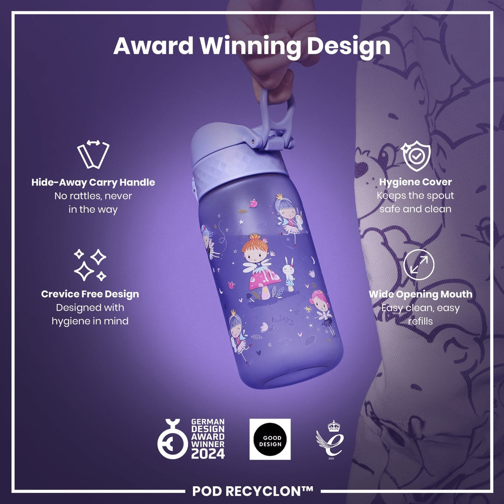 ION8 Recyclon leak-proof kids water bottle with fairy design, 350ml capacity, made for durable, spill-proof hydration for children.