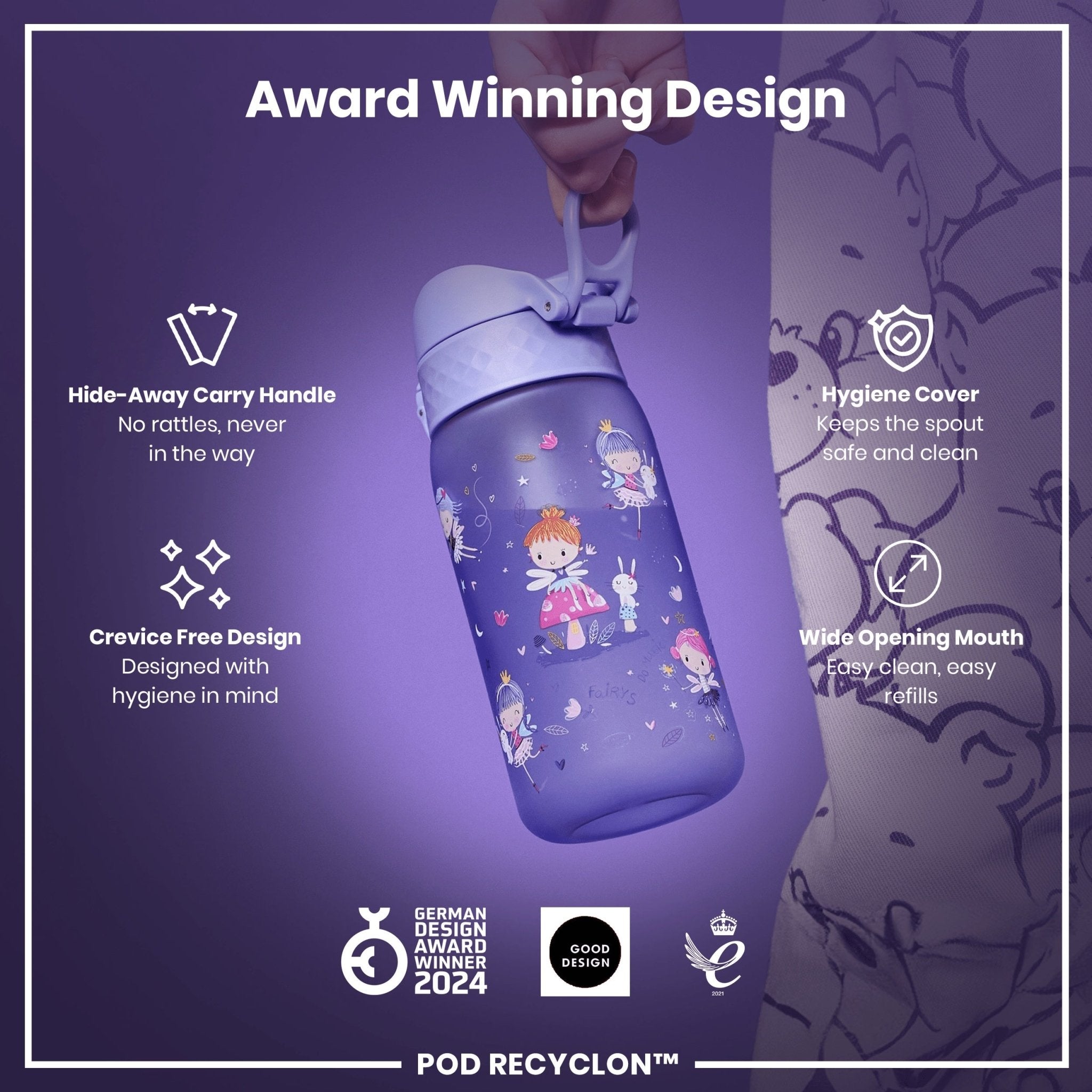ION8 Recyclon leak-proof kids water bottle with fairy design, 350ml capacity, made for durable, spill-proof hydration for children.