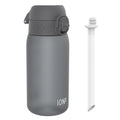 Ion8 leak-proof small water bottle with straw, grey Recyclon water bottle, 350ml (12oz), showing the bottle and straw in detail.