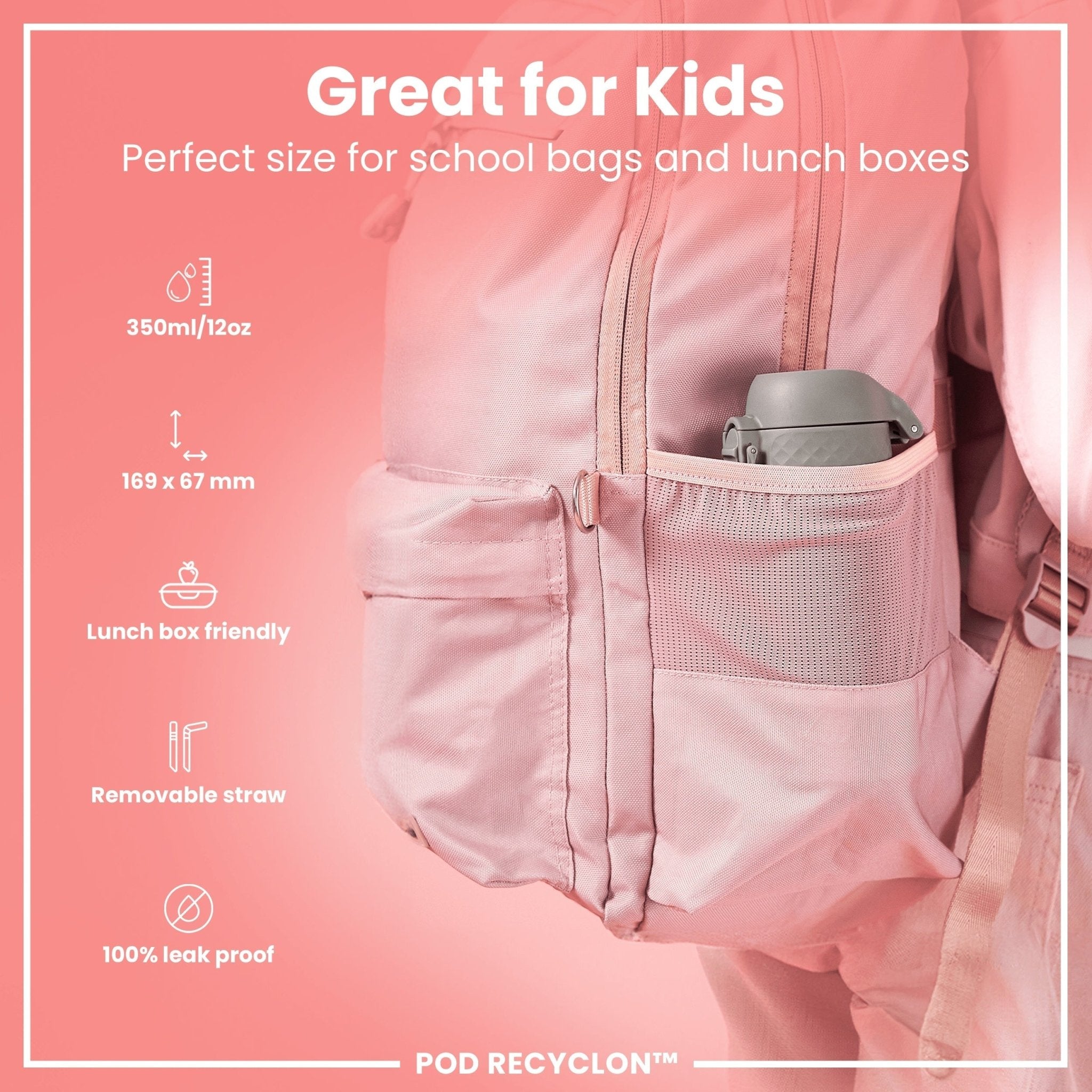 Grey ION8 Recyclon leak-proof small water bottle with straw, 350ml (12oz), designed for portable hydration.