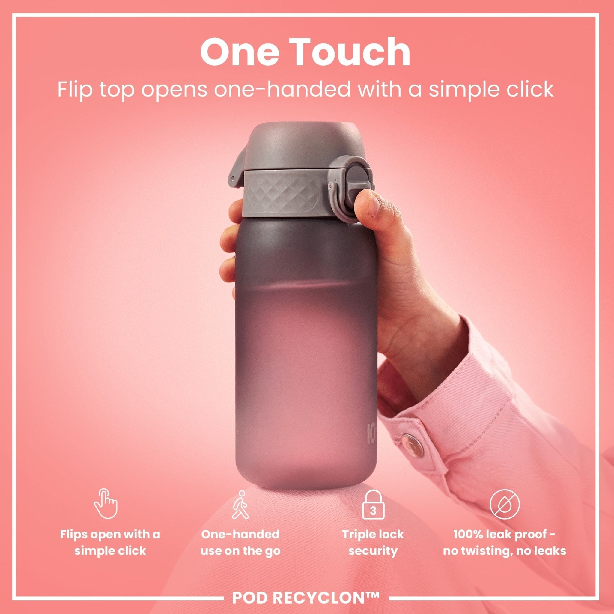 ION8 Recyclon leak-proof small water bottle with straw, 350ml, grey color, made of recyclable materials, suitable for on-the-go use.