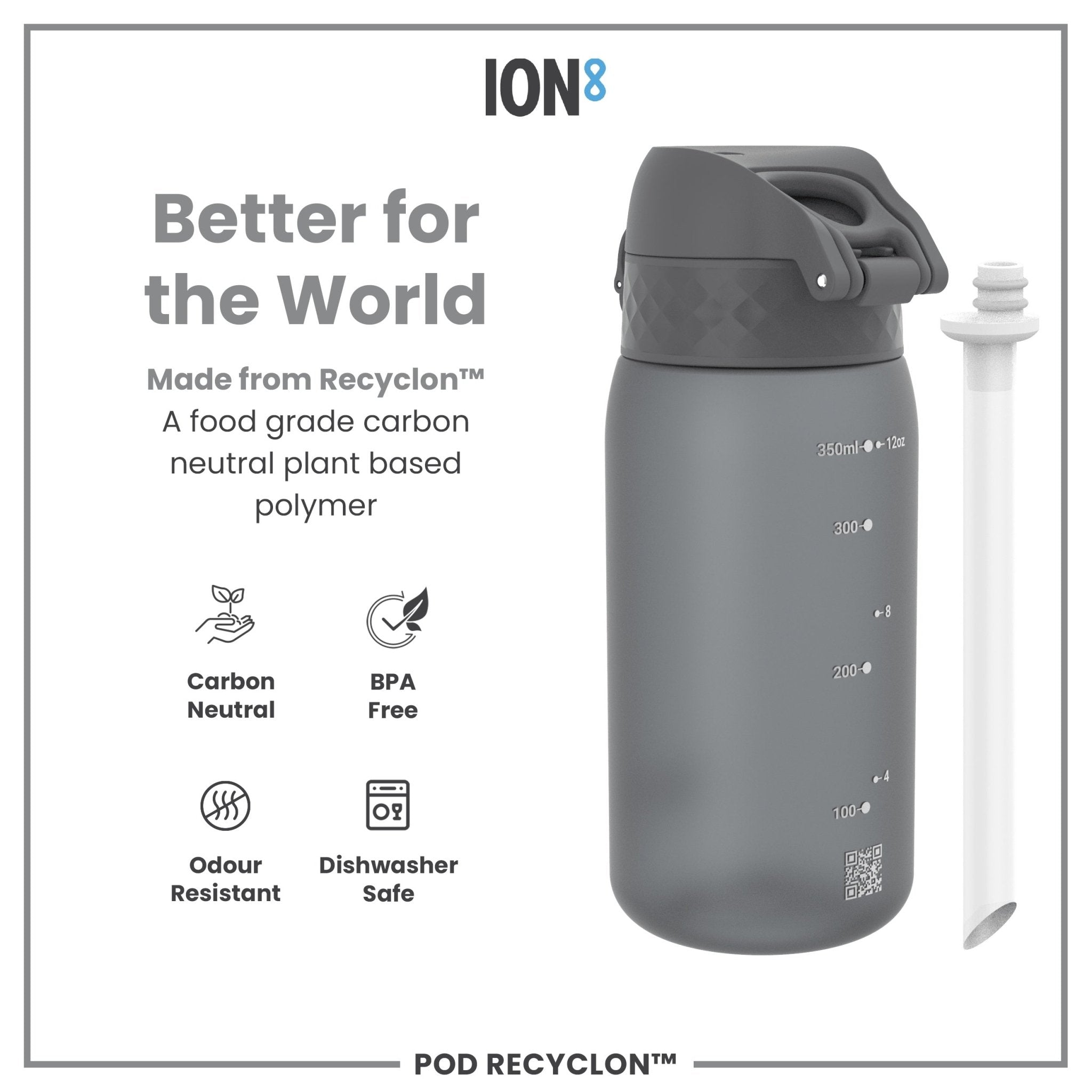 Grey ION8 Recyclon leak-proof small water bottle with straw, 350ml (12oz), shown with a secure lid and ergonomic design.