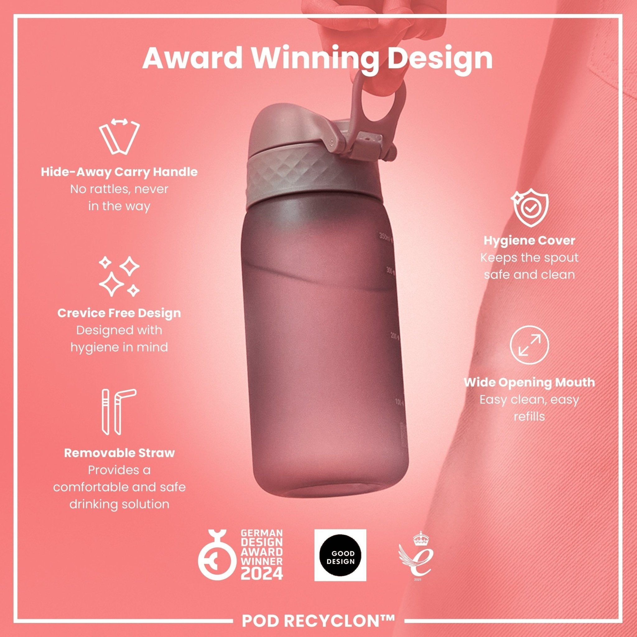 Grey ION8 Recyclon leak-proof small water bottle with straw, 350ml (12oz), made for convenient hydration on the go.