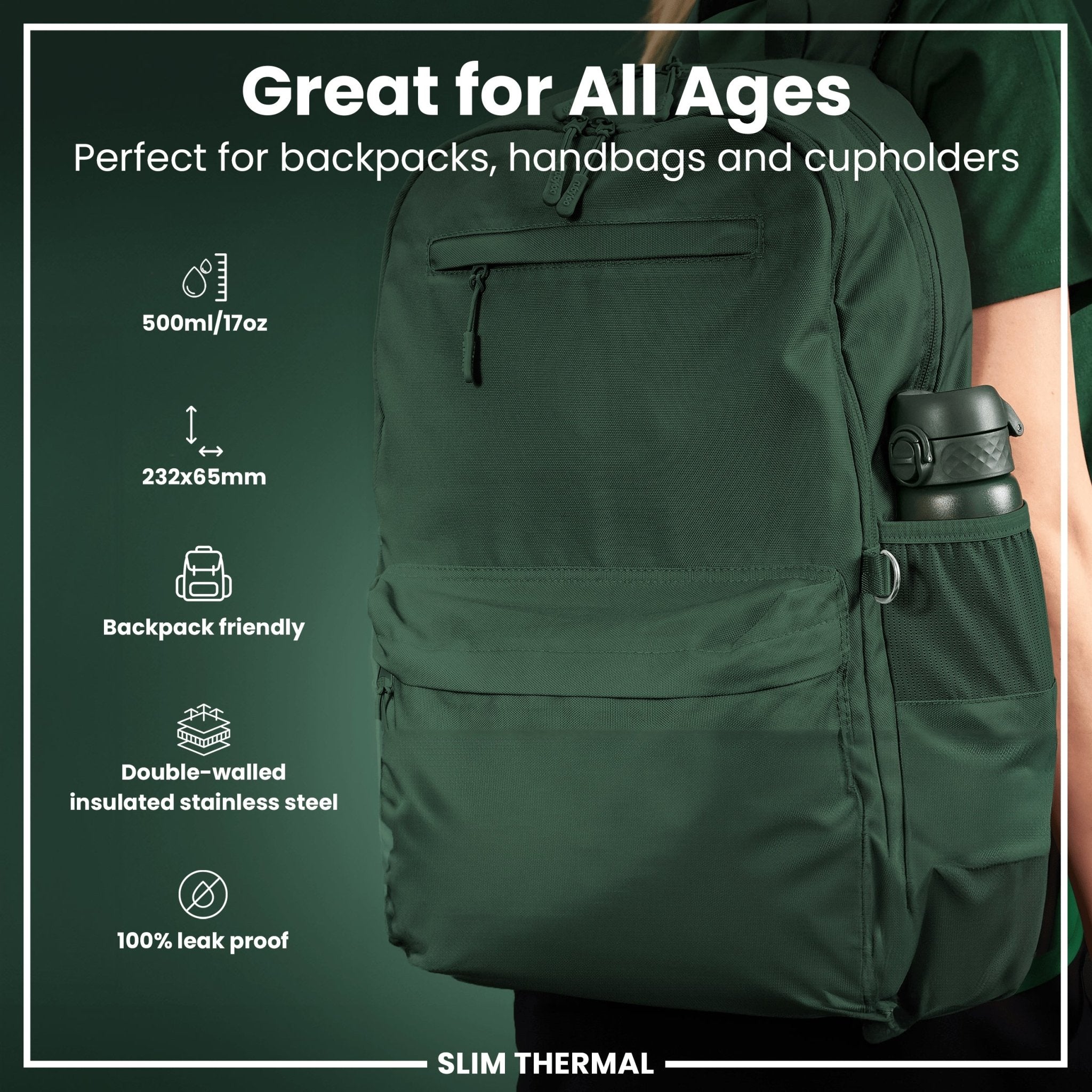 Dark green ION8 leak-proof slim thermal water bottle with insulated steel body, 500ml capacity, shown on a plain background.