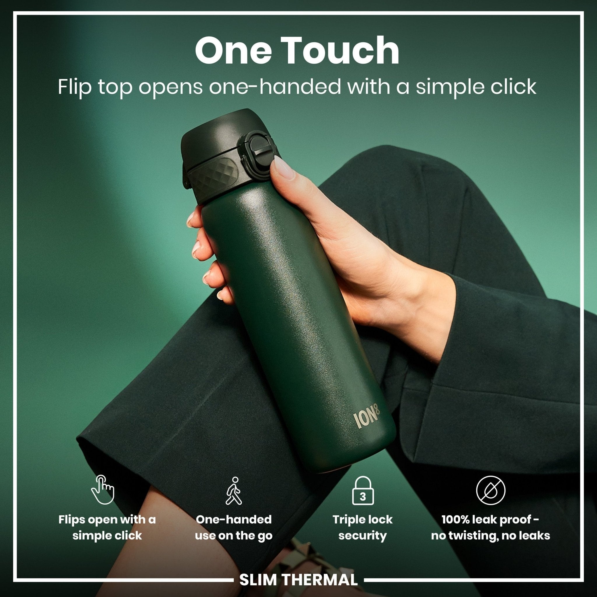 Dark green ION8 leak-proof slim thermal water bottle with insulated steel body and 500ml capacity, shown from a side view.