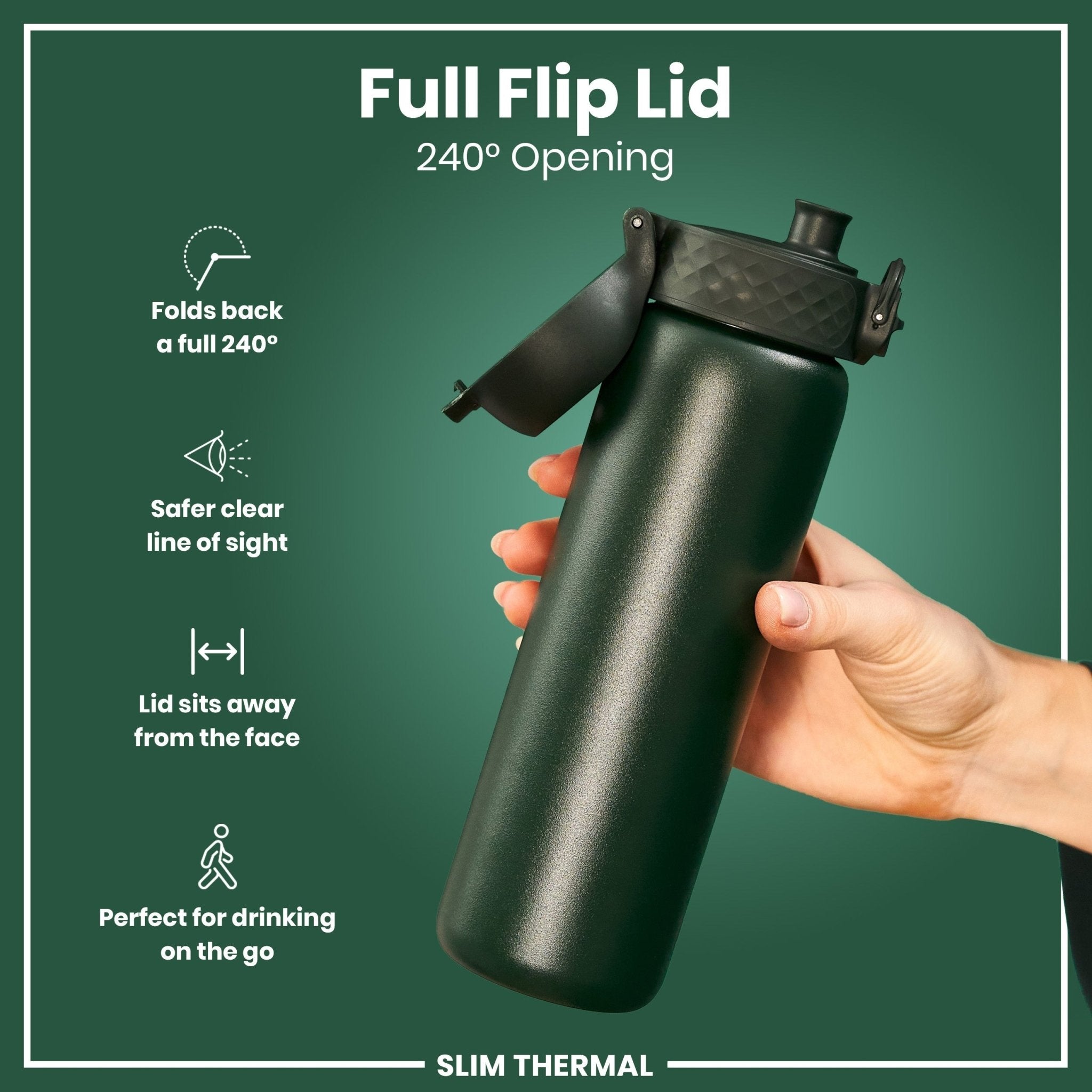 Dark green ION8 leak-proof slim thermal water bottle with 500ml (17oz) insulated steel design, shown with cap and sleek shape.