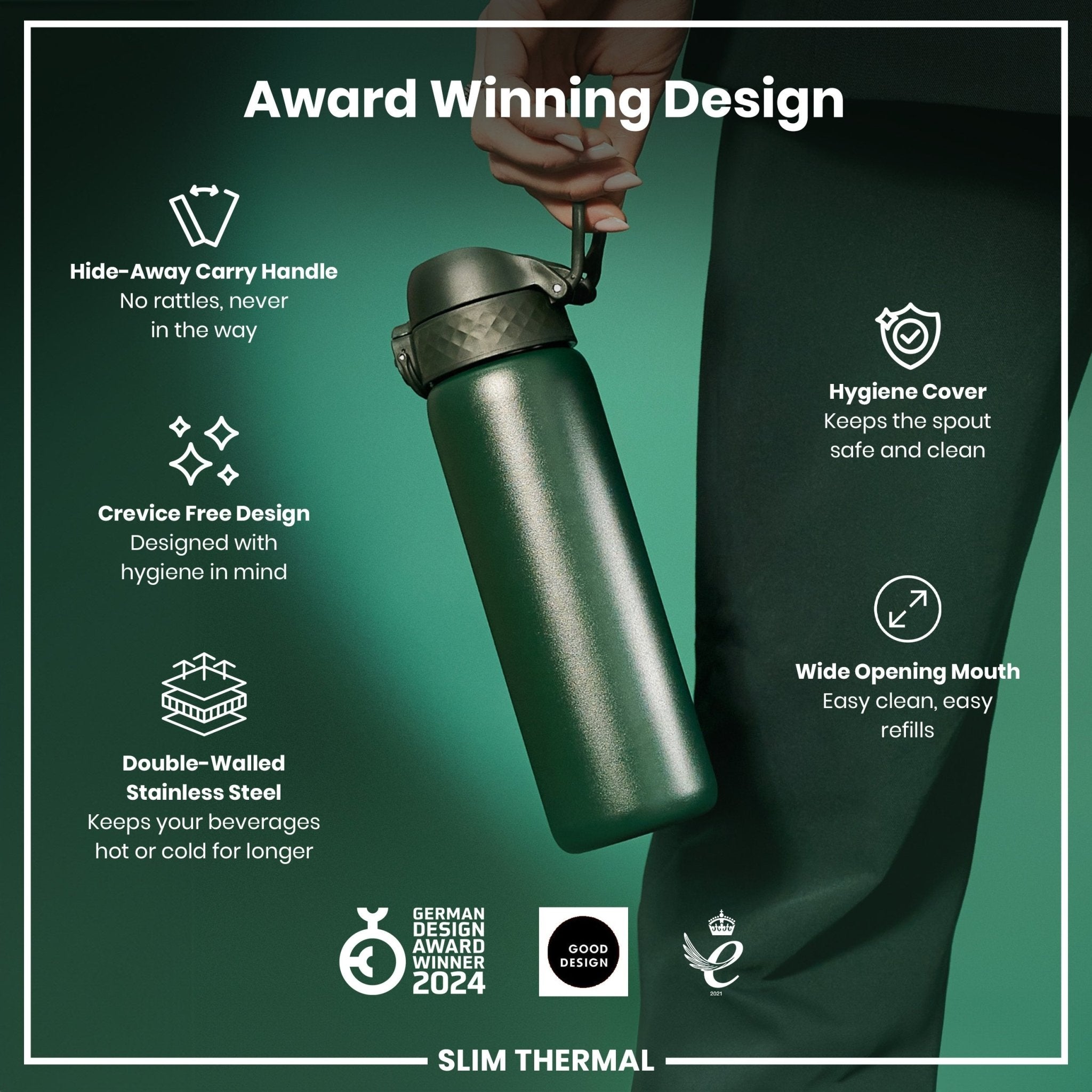 Dark green ION8 insulated steel water bottle, 500ml leak-proof slim thermal water bottle with a sleek design and secure lid.