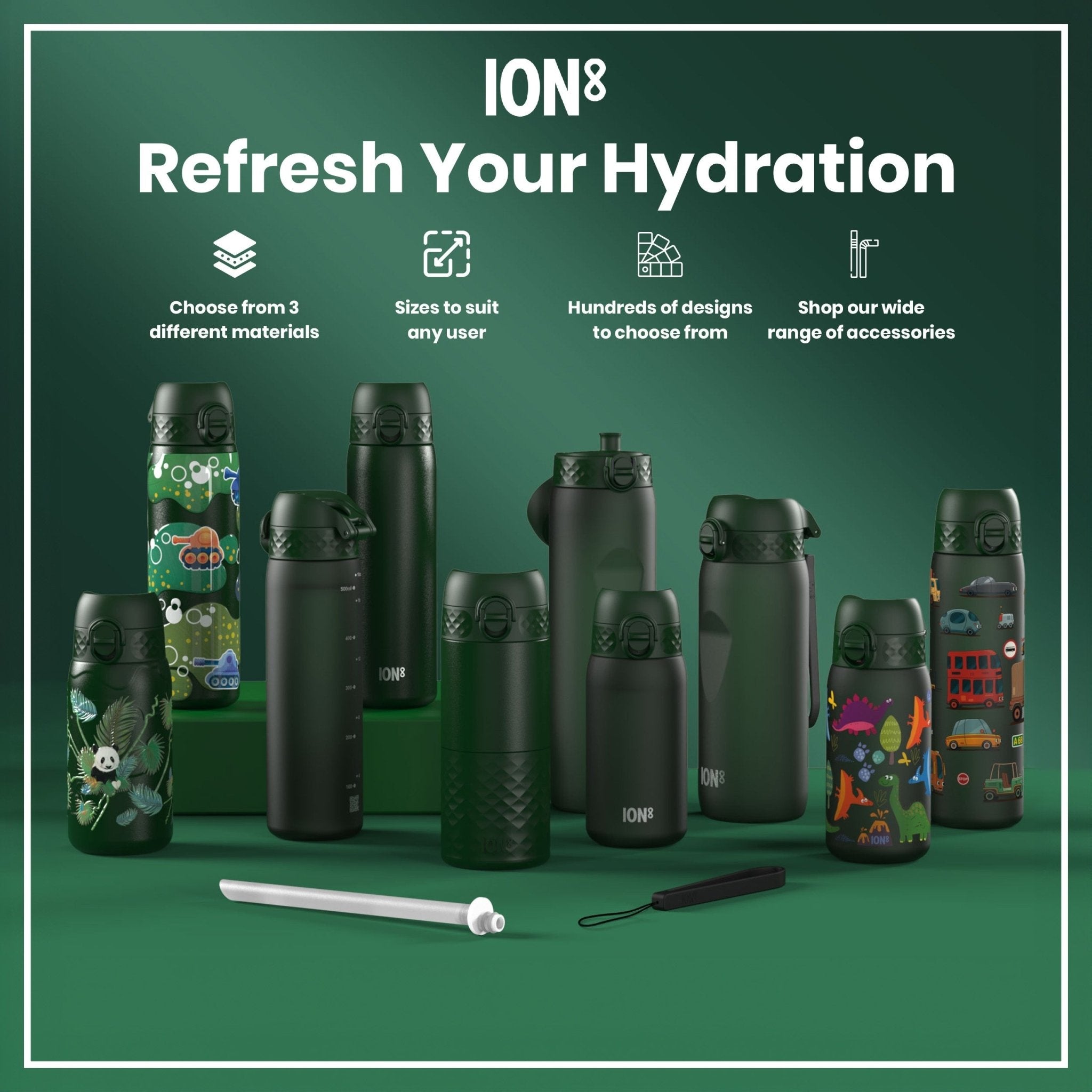 Dark green ION8 leak-proof slim thermal water bottle with insulated steel body, 500ml capacity, designed for on-the-go hydration.