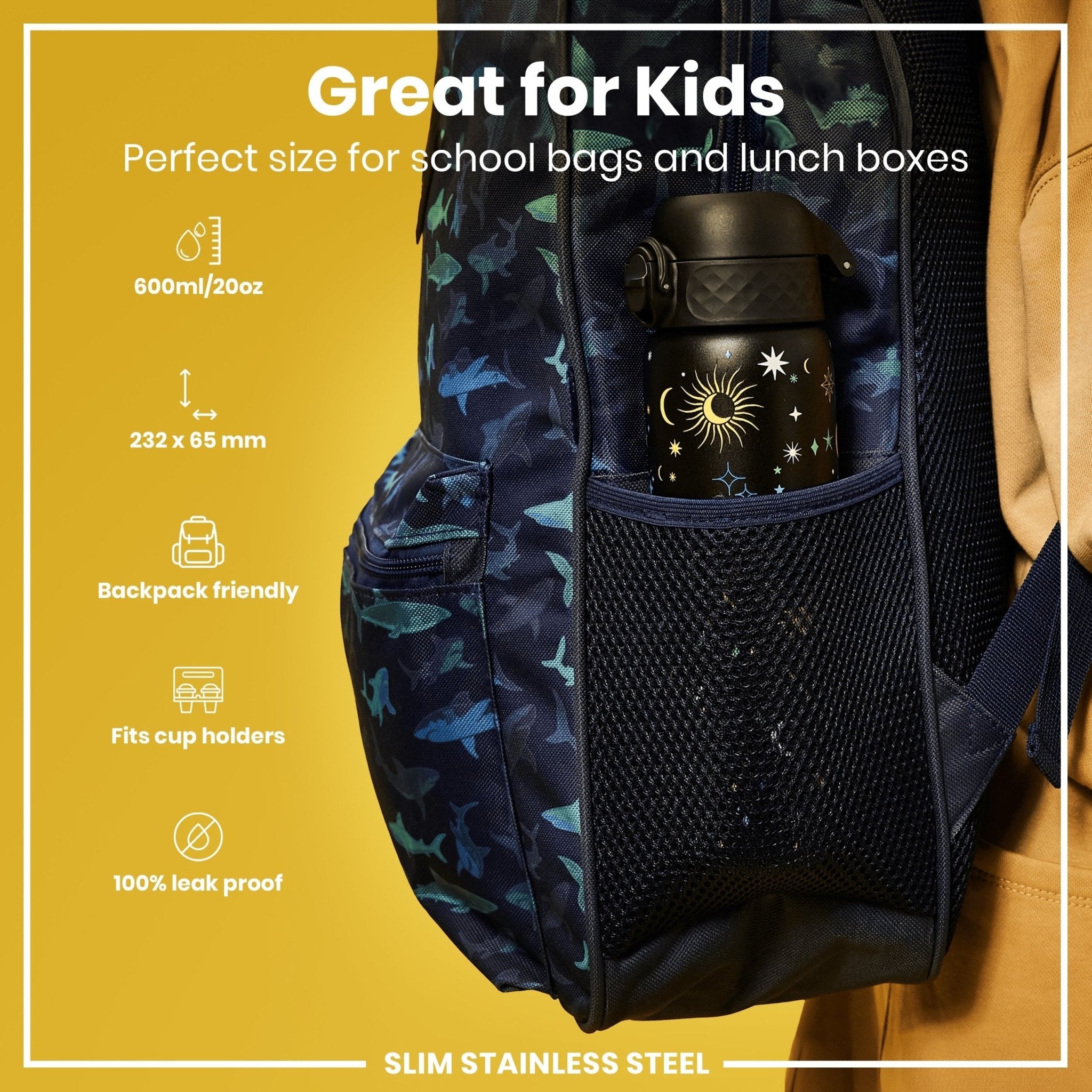 Ion8 leak-proof stainless steel water bottle in celestial color, 20oz slim design, ideal for on-the-go hydration