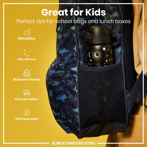 Ion8 leak-proof stainless steel water bottle in celestial color, 20oz slim design, ideal for on-the-go hydration