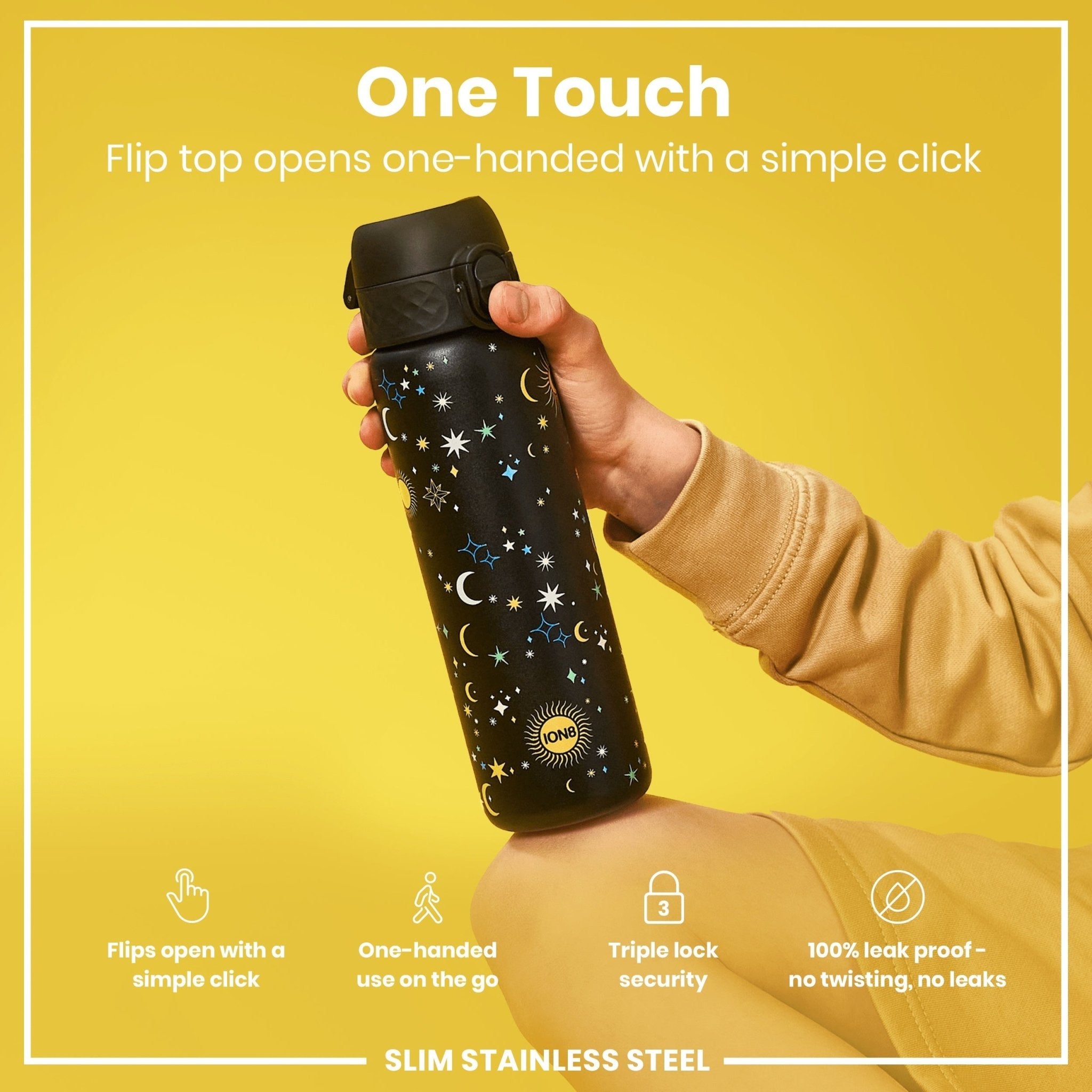 Ion8 leak-proof slim stainless steel water bottle in celestial color, 600ml (20oz), with a sleek, durable design for on-the-go hydration.