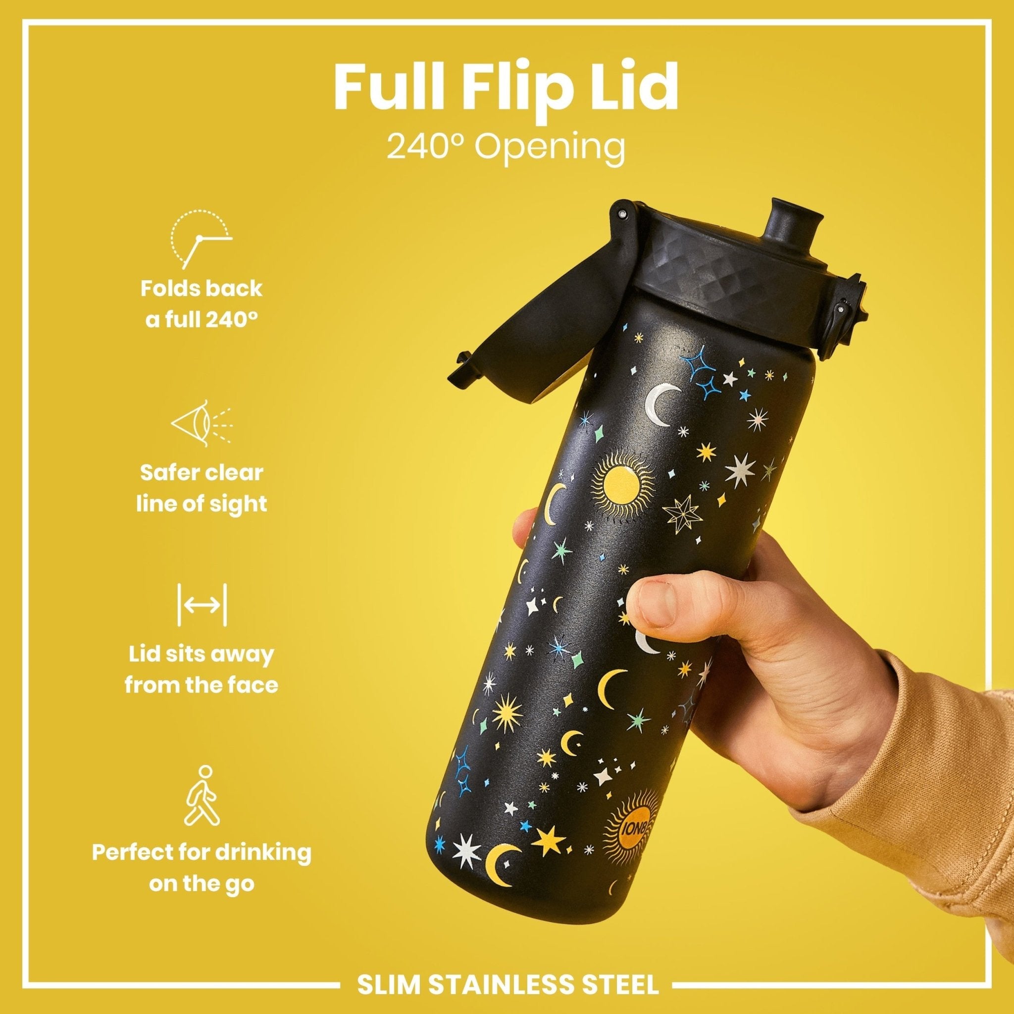 Ion8 leak-proof stainless steel water bottle in celestial color, 600ml (20oz), with a slim design and secure lid.
