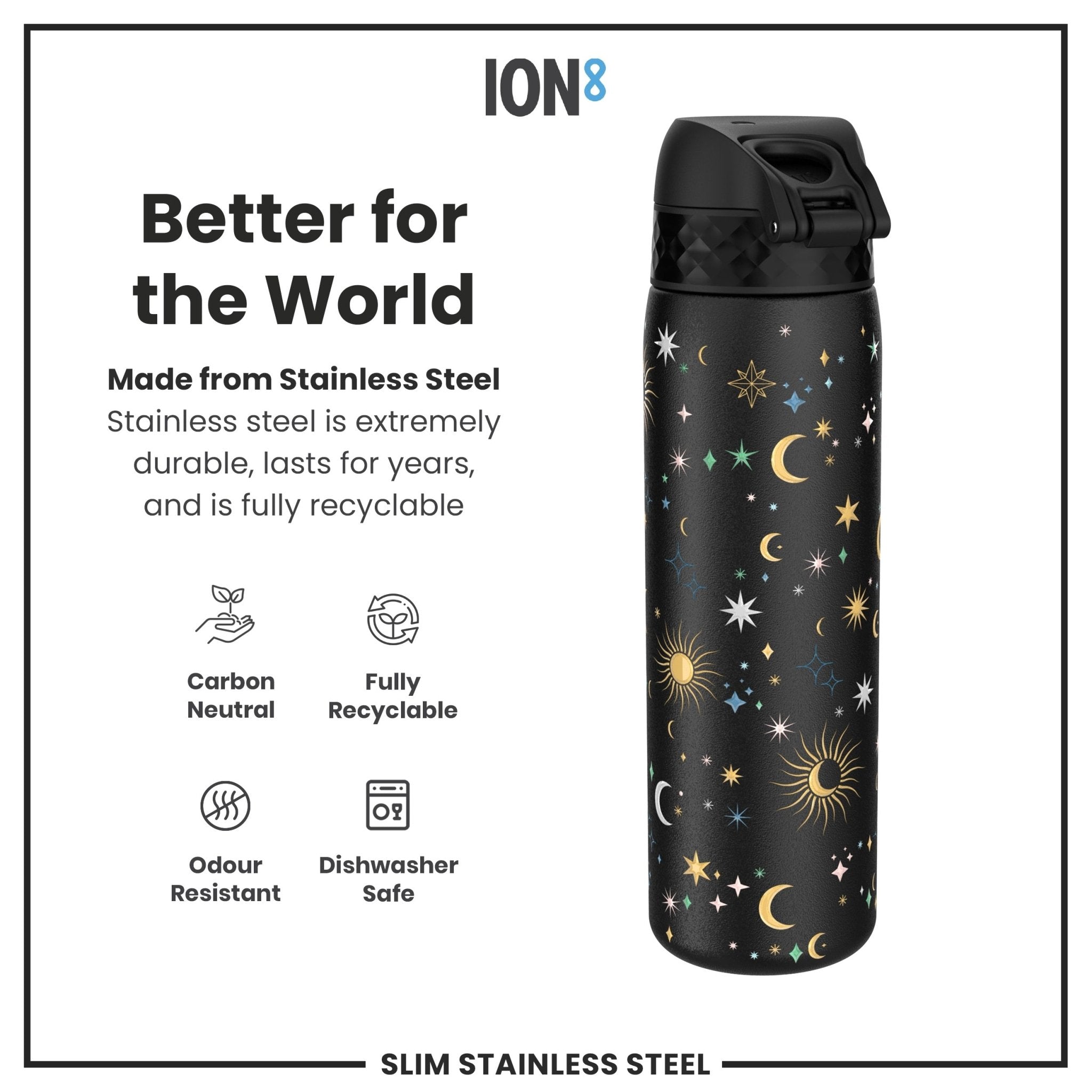 Ion8 leak-proof slim stainless steel water bottle in celestial design, 600ml (20oz) for durable hydration on the go