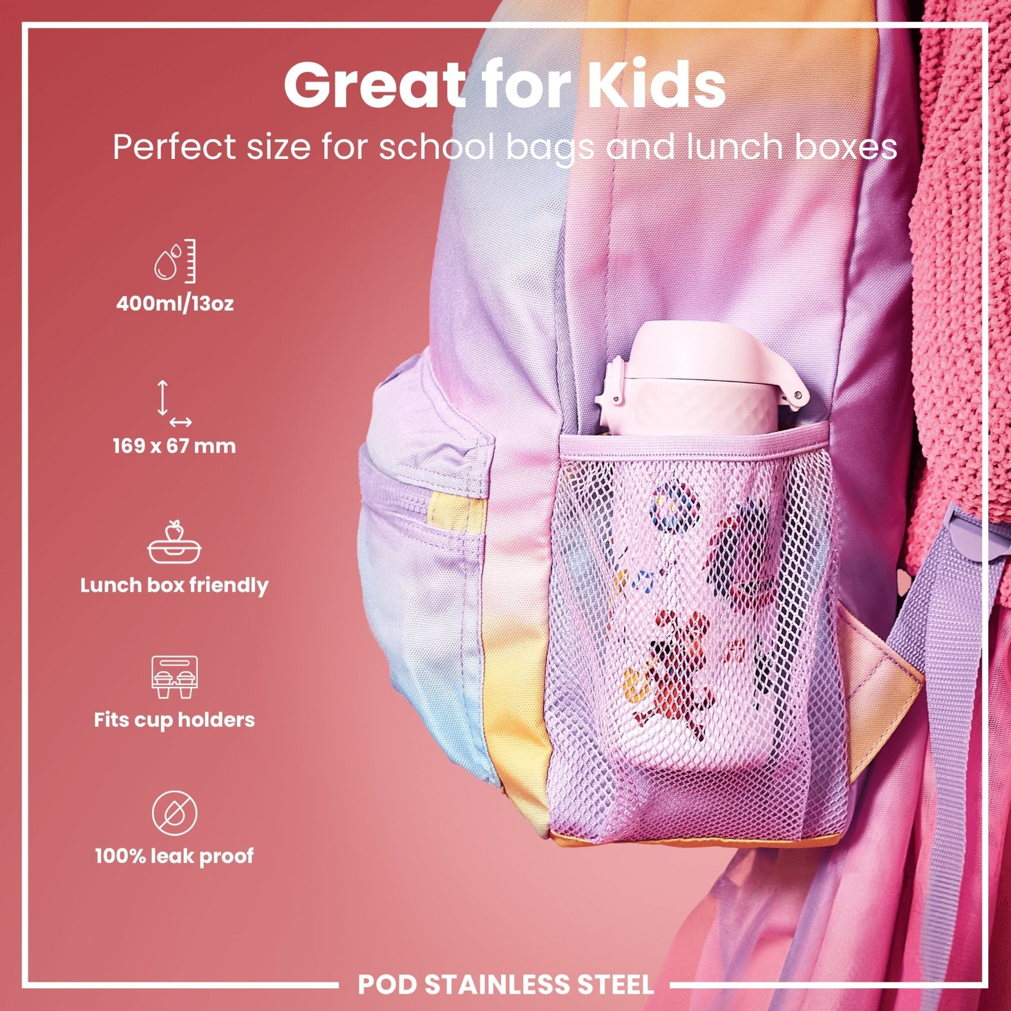 Ion8 leak-proof kids stainless steel water bottle with animal band, 400ml capacity, featuring colorful animal designs.