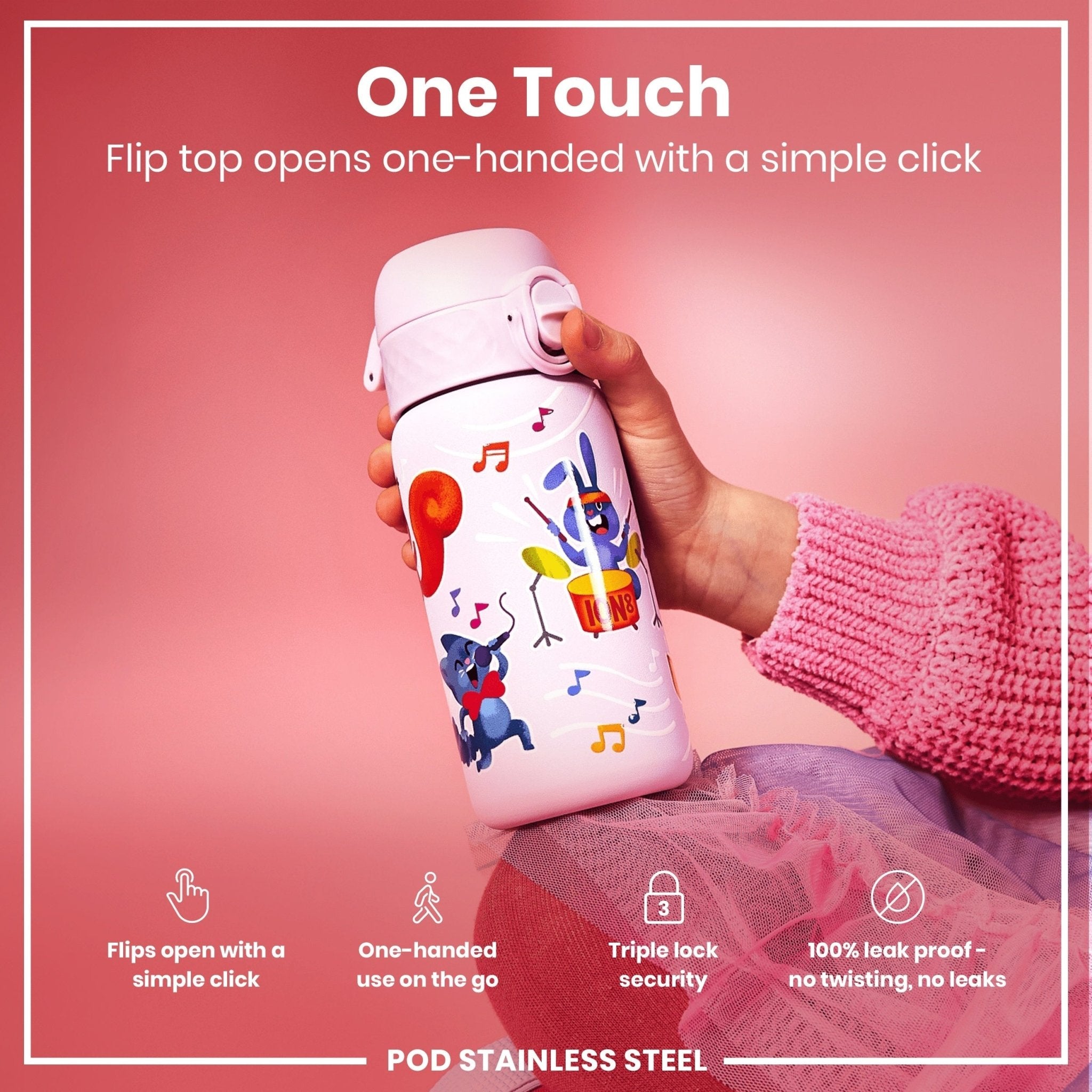 Ion8 stainless steel leak-proof kids water bottle with animal band, 400ml capacity, durable and portable for children.