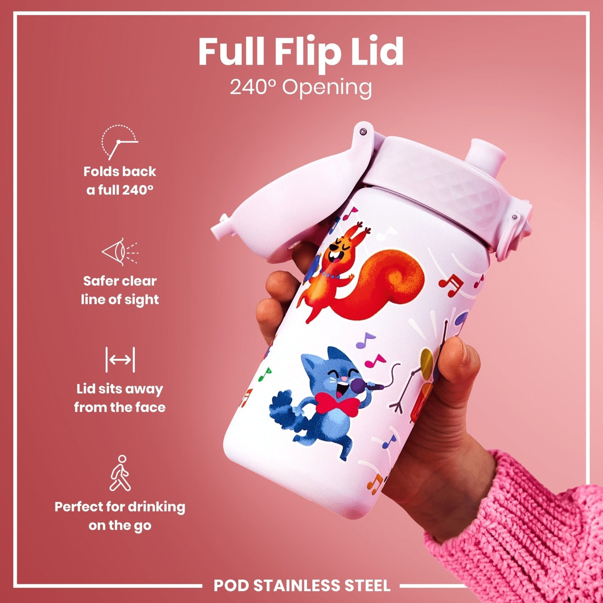 Leak-proof ION8 stainless steel kids water bottle with animal band design, 400ml capacity, ideal for children.