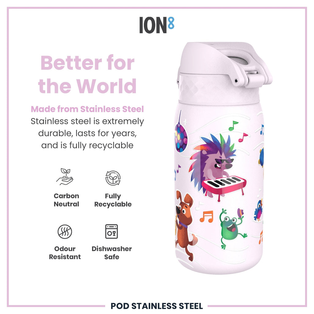 Ion8 stainless steel leak-proof kids water bottle with animal band, 400ml capacity, ideal for children’s hydration.