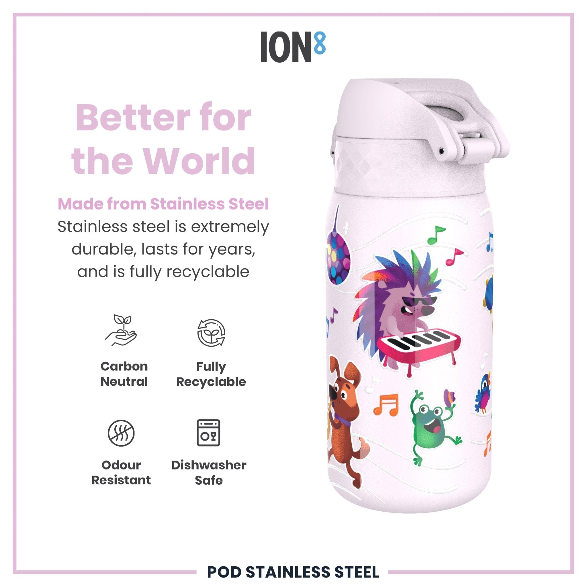 Ion8 stainless steel leak-proof kids water bottle with animal band, 400ml capacity, ideal for children’s hydration.