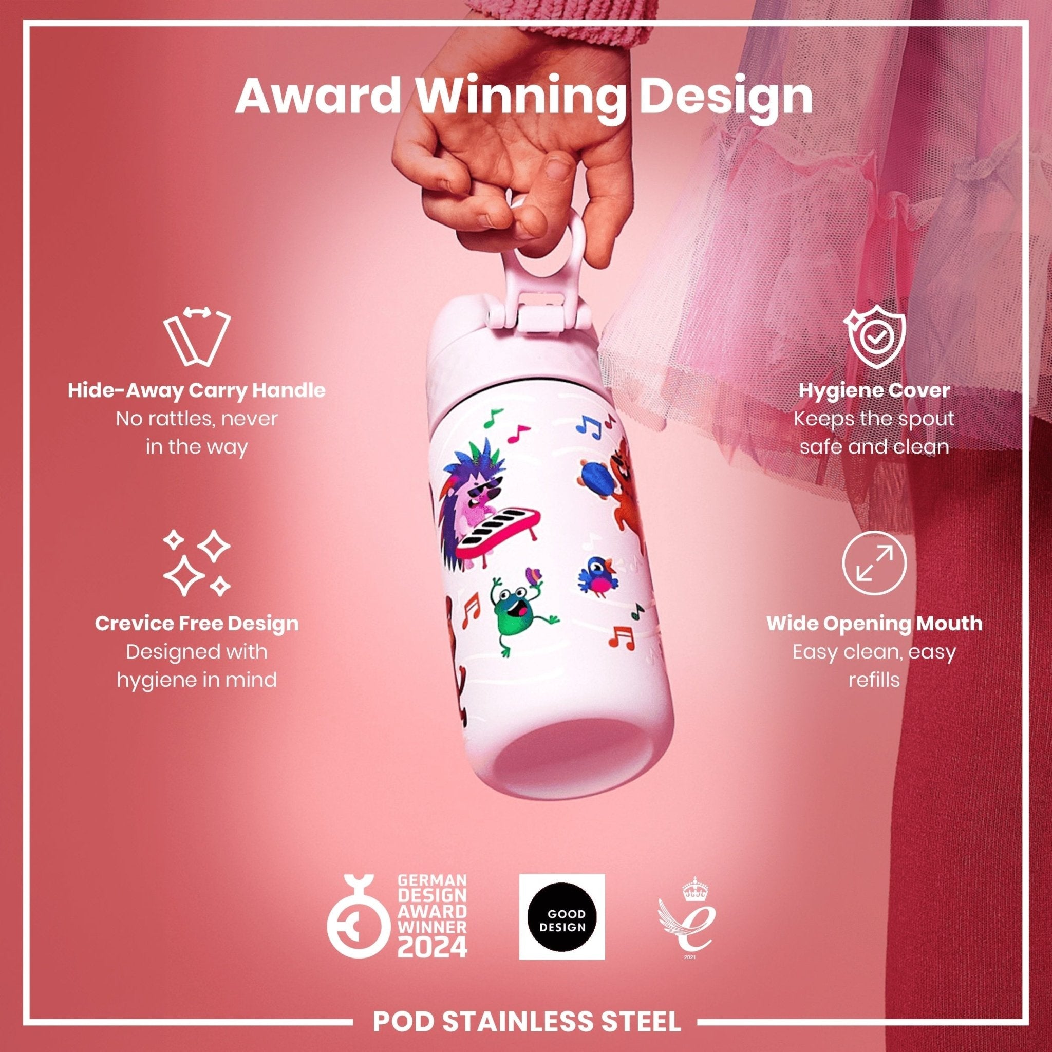 Leak-proof kids stainless steel water bottle with animal band design, 400ml capacity by ION8, suitable for active children.