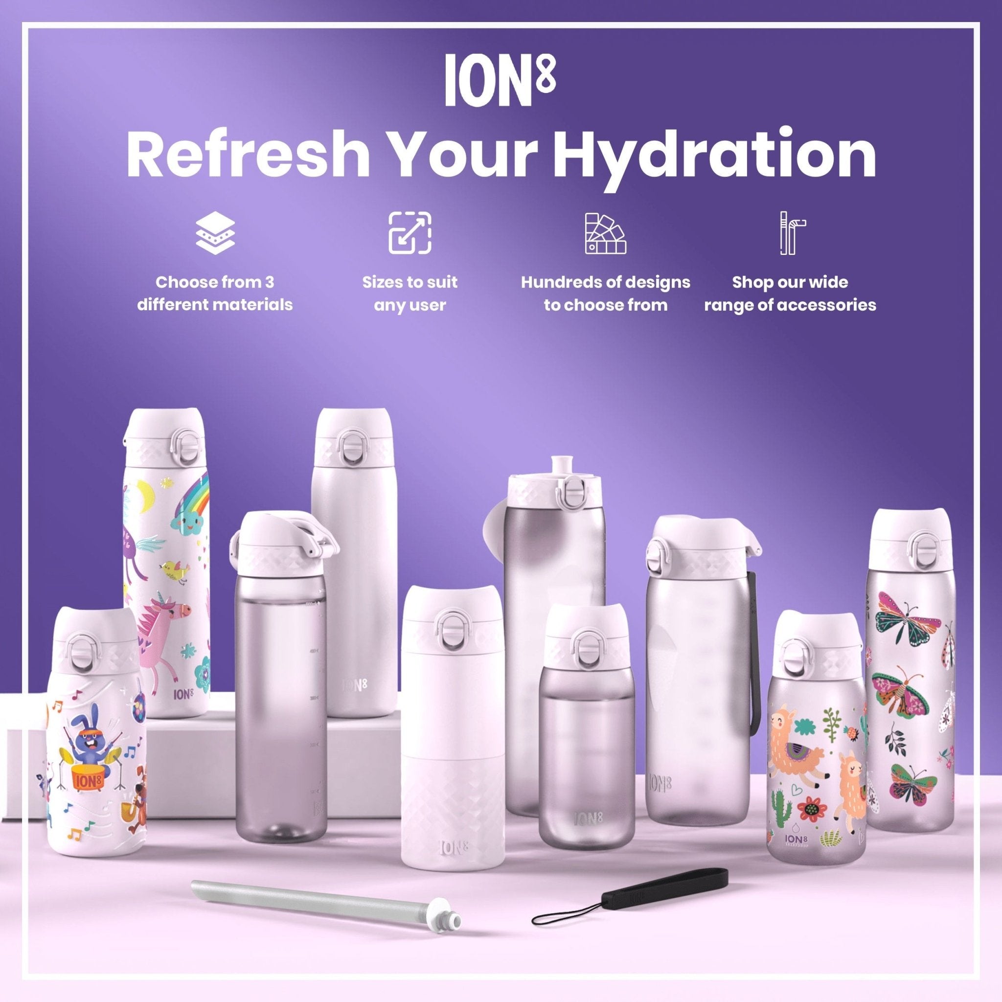 Ion8 leak-proof kids stainless steel water bottle with animal band, 400ml capacity, durable and portable for children.