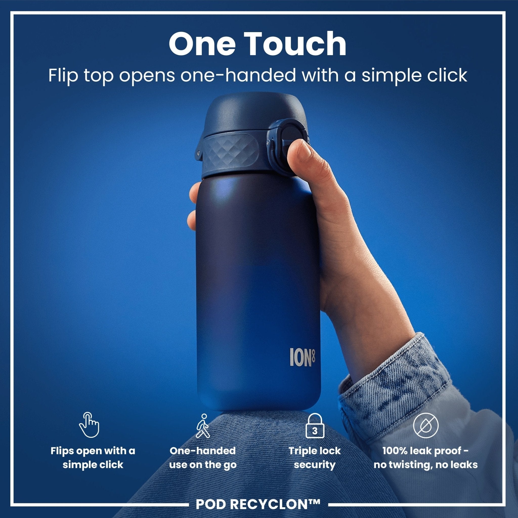 Ion8 Recyclon leak-proof small water bottle with straw in navy, 350ml (12oz), made from recyclable materials.
