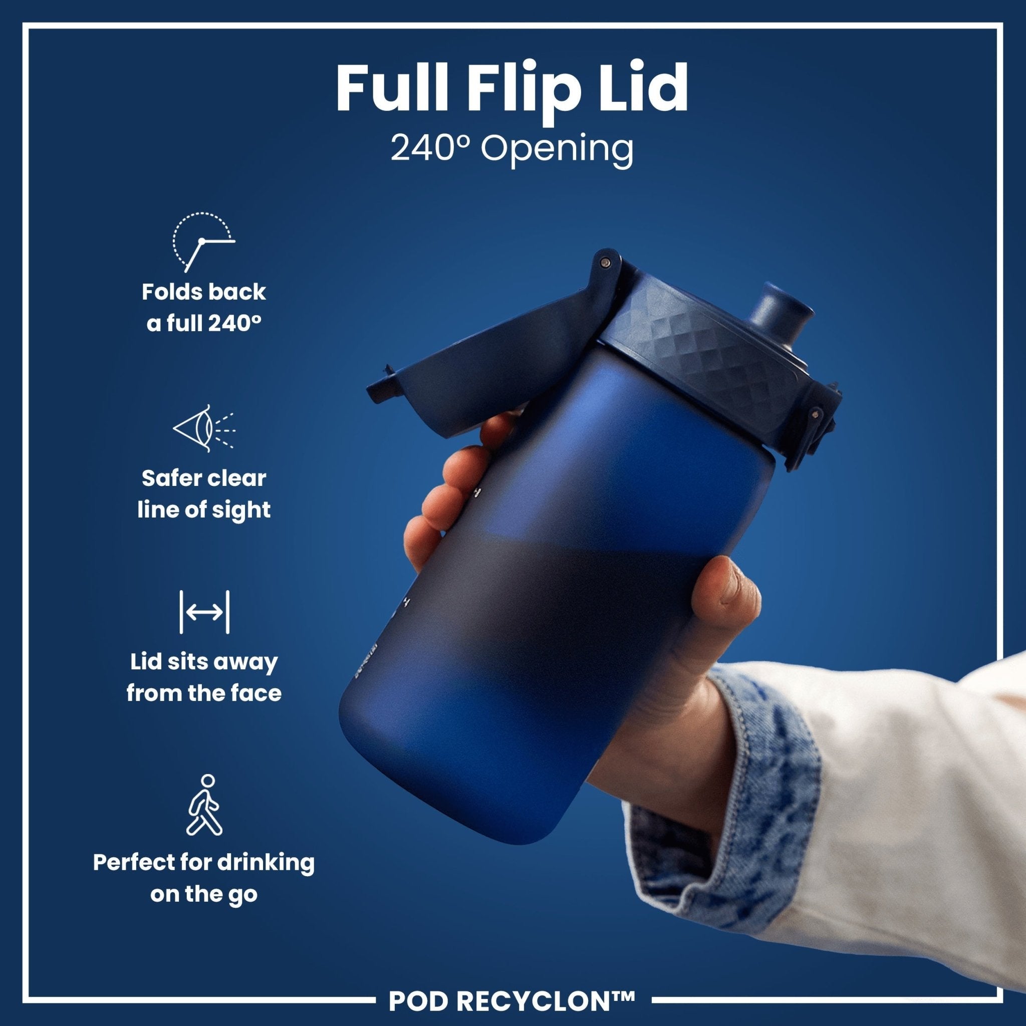 ION8 Recyclon small water bottle with straw, navy 350ml (12oz), leak-proof reusable water bottle for on-the-go hydration