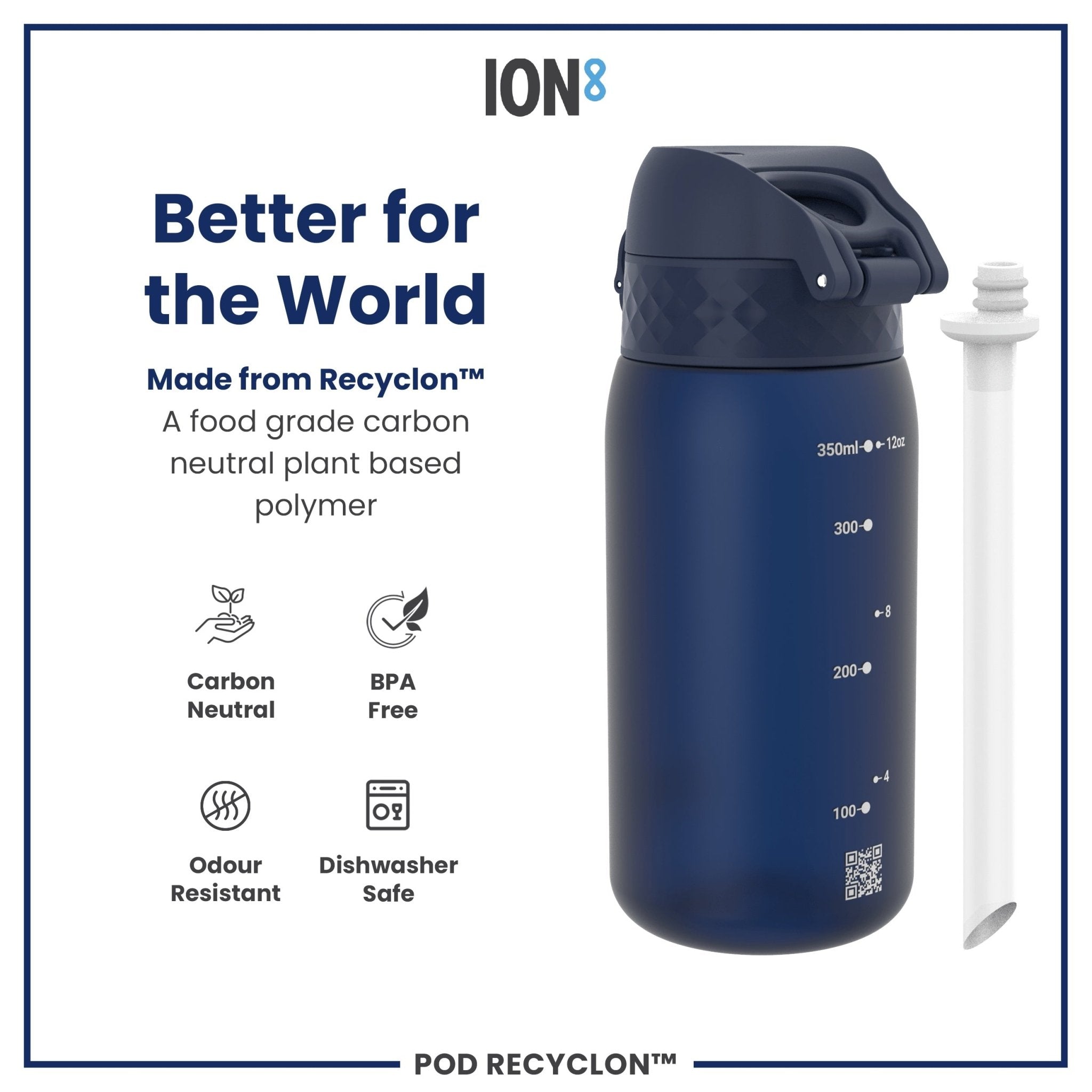 ION8 Recyclon leak-proof small water bottle with straw in navy, 350ml (12oz), featuring a compact design for on-the-go hydration.
