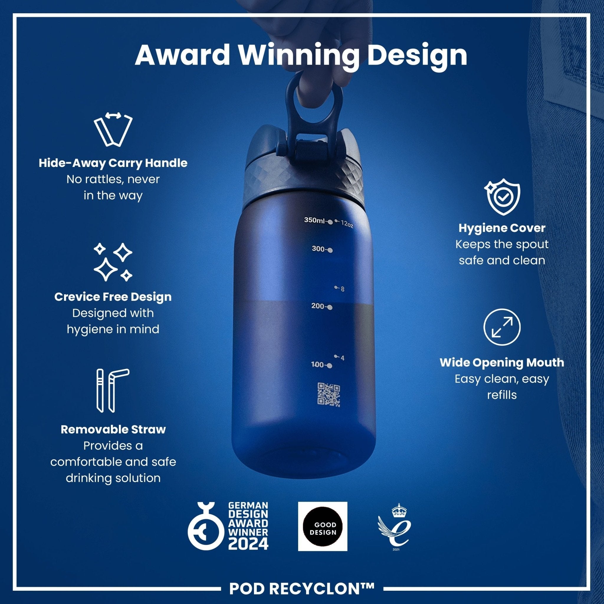 ION8 Recyclon small water bottle with straw, navy 350ml (12oz), leak-proof design, ideal for on-the-go hydration.