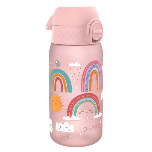 ION8 Recyclon leak-proof kids water bottle with rainbow design, 350ml (12oz), made of recyclable materials, showing colorful exterior.