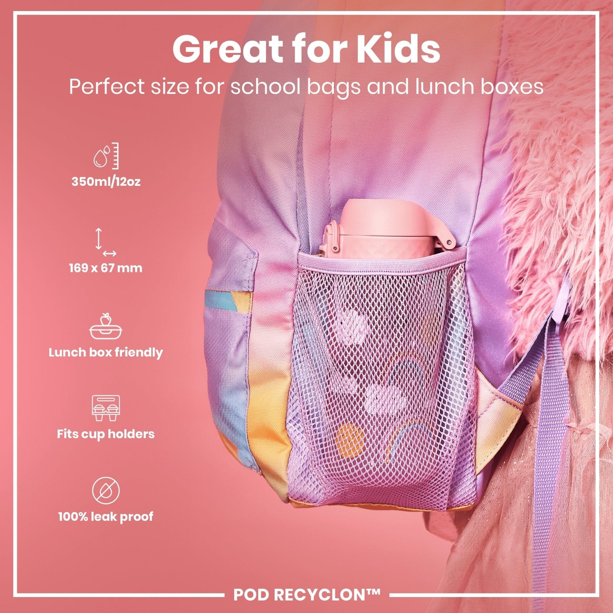Ion8 leak-proof kids water bottle with rainbow design, 350ml Recyclon water bottle for children, durable and eco-friendly.