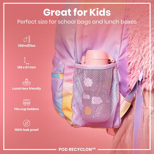 Ion8 leak-proof kids water bottle with rainbow design, 350ml Recyclon water bottle for children, durable and eco-friendly.