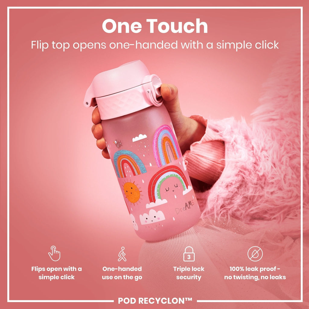 Ion8 leak-proof kids water bottle with rainbow design, 350ml Recyclon water bottle for children, reusable and eco-friendly.