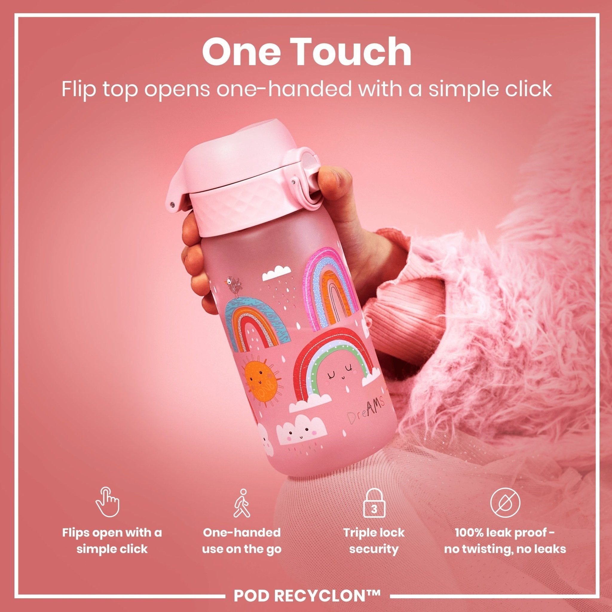 Ion8 leak-proof kids water bottle with rainbow design, 350ml Recyclon water bottle for children, reusable and eco-friendly.
