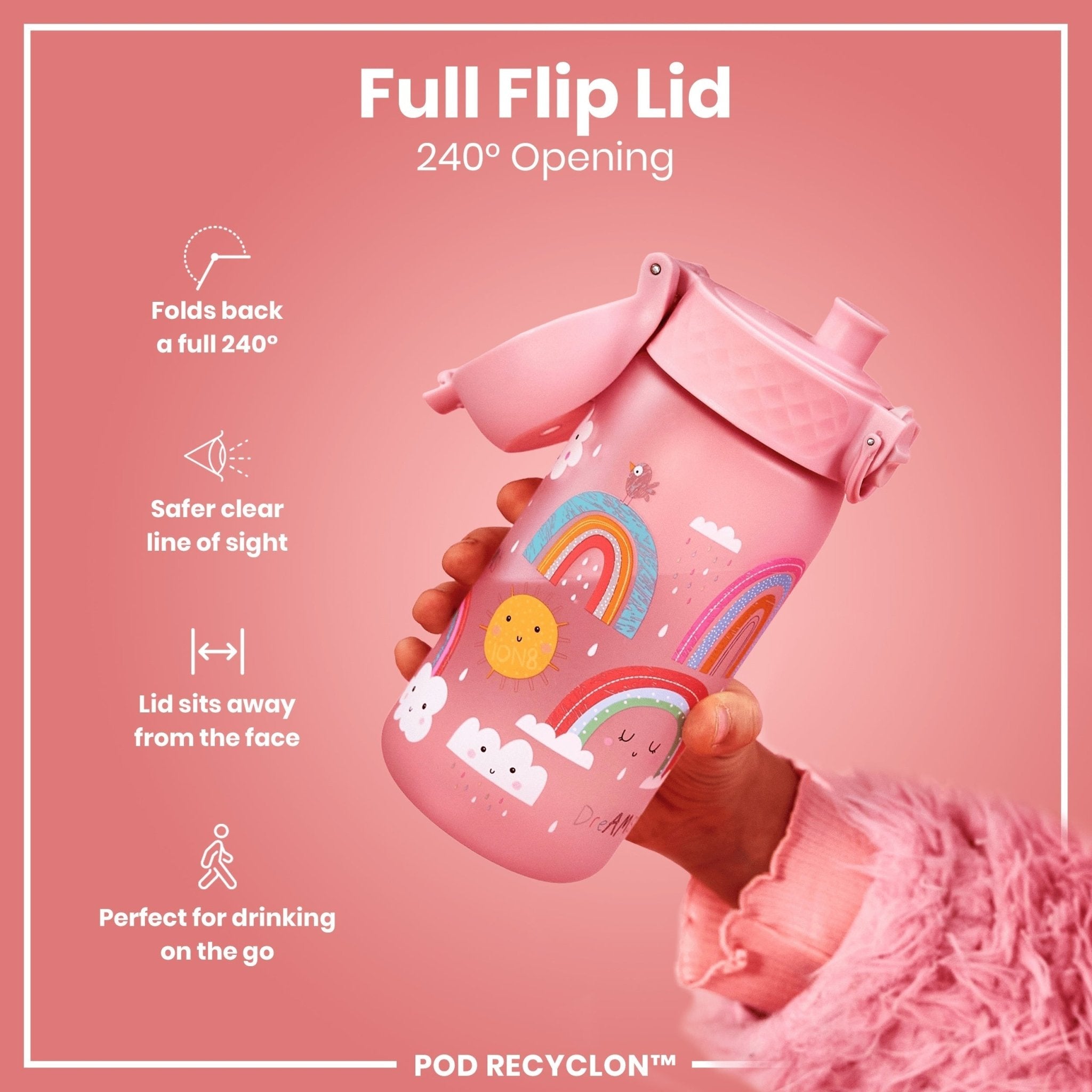 Ion8 Leak Proof Kids Water Bottle with rainbows design, 350ml Recyclon water bottle, recyclable and spill-proof for children.
