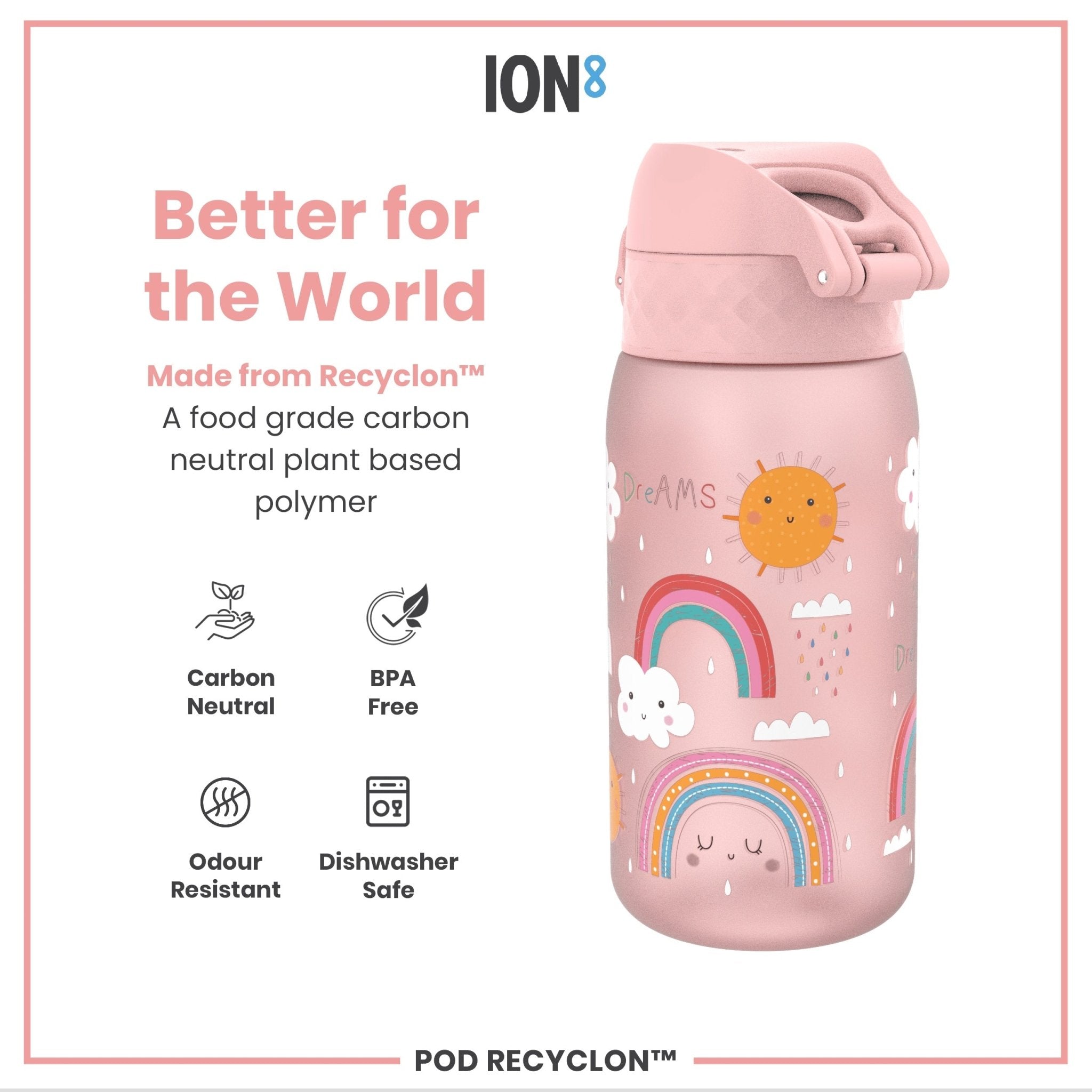 Ion8 leak-proof kids water bottle with rainbow design, 350ml Recyclon water bottle, durable and child-friendly.