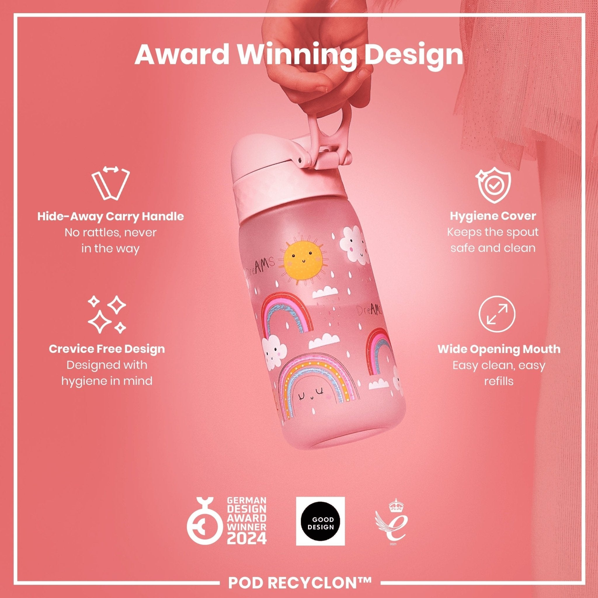 ION8 Recyclon leak-proof kids water bottle with rainbow design, 350ml capacity, made for easy, spill-free hydration.